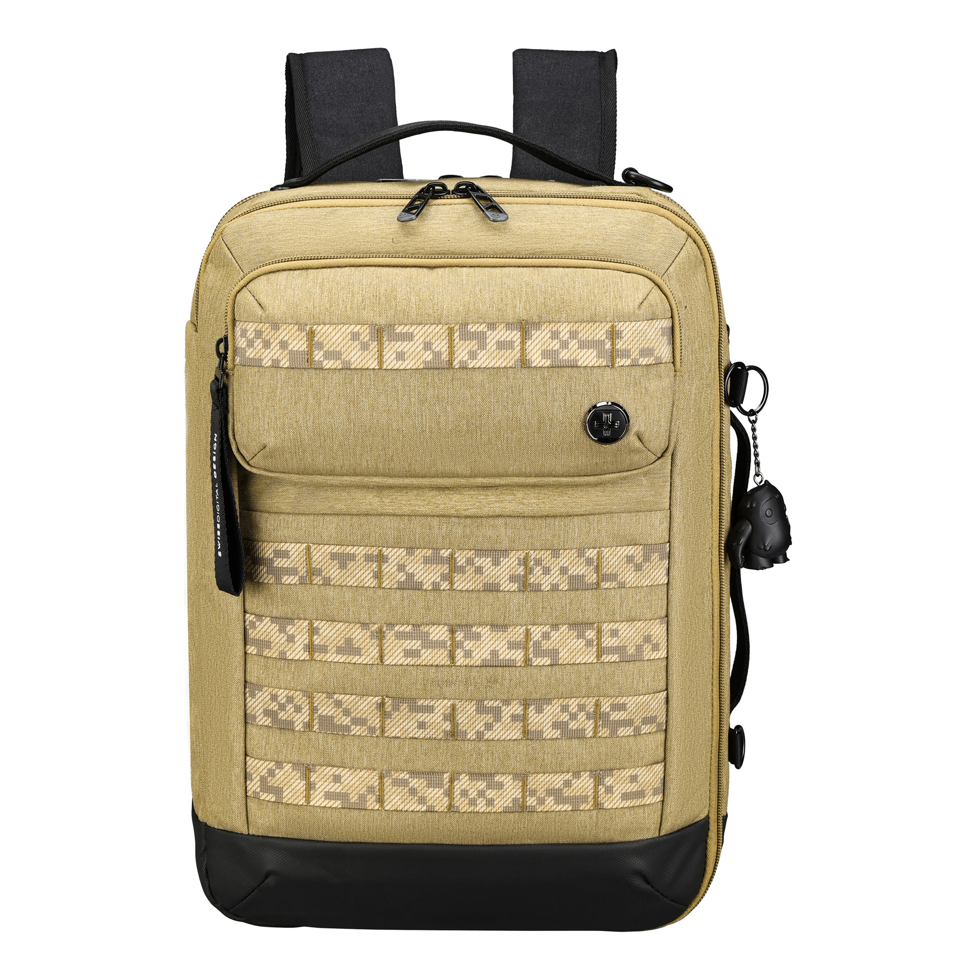 Uno zaino beige con cinghie e dettagli neri. Ha un motivo mimetico.