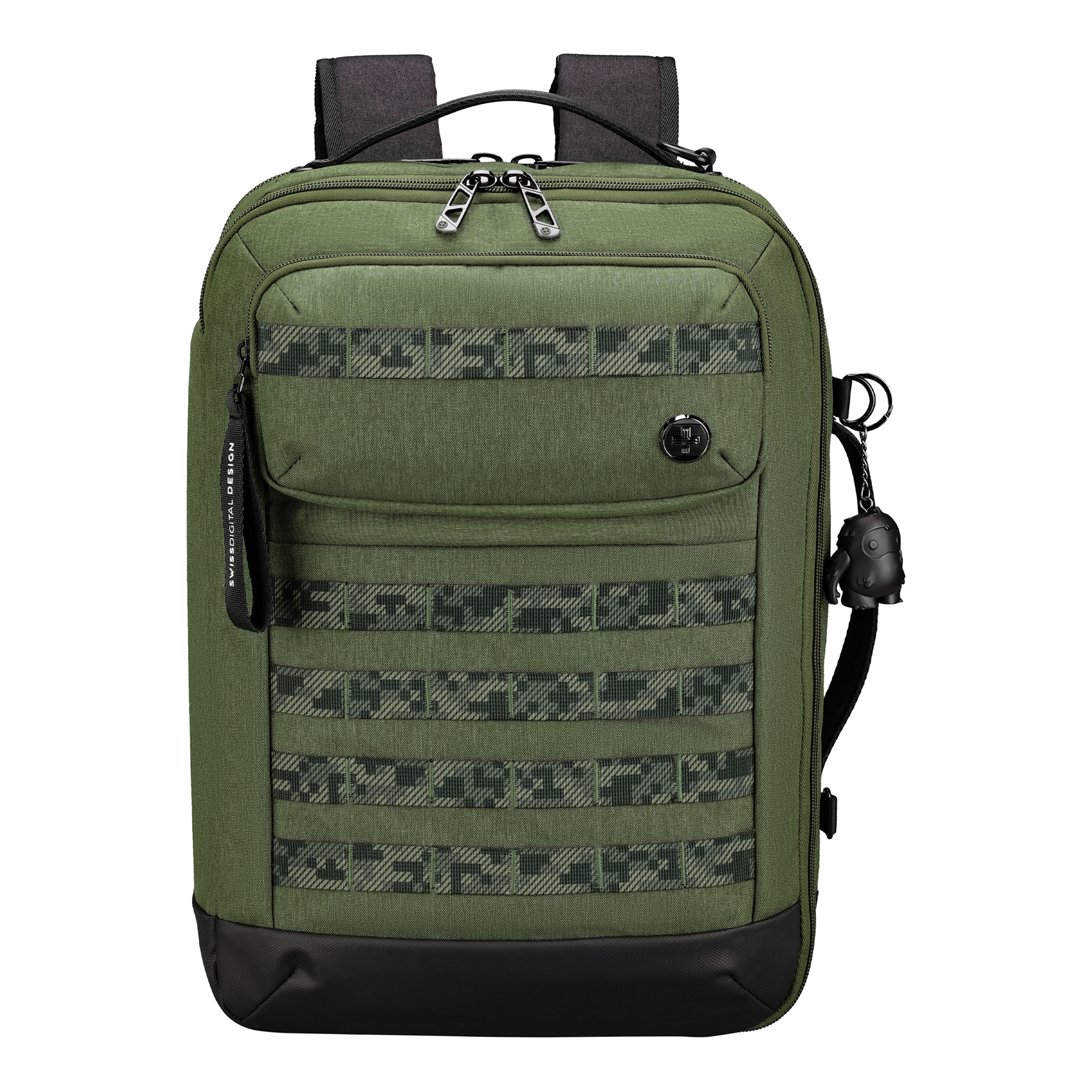 Zaino verde con multiple tasche, cinghie e un'etichetta Swiss Digital Design.