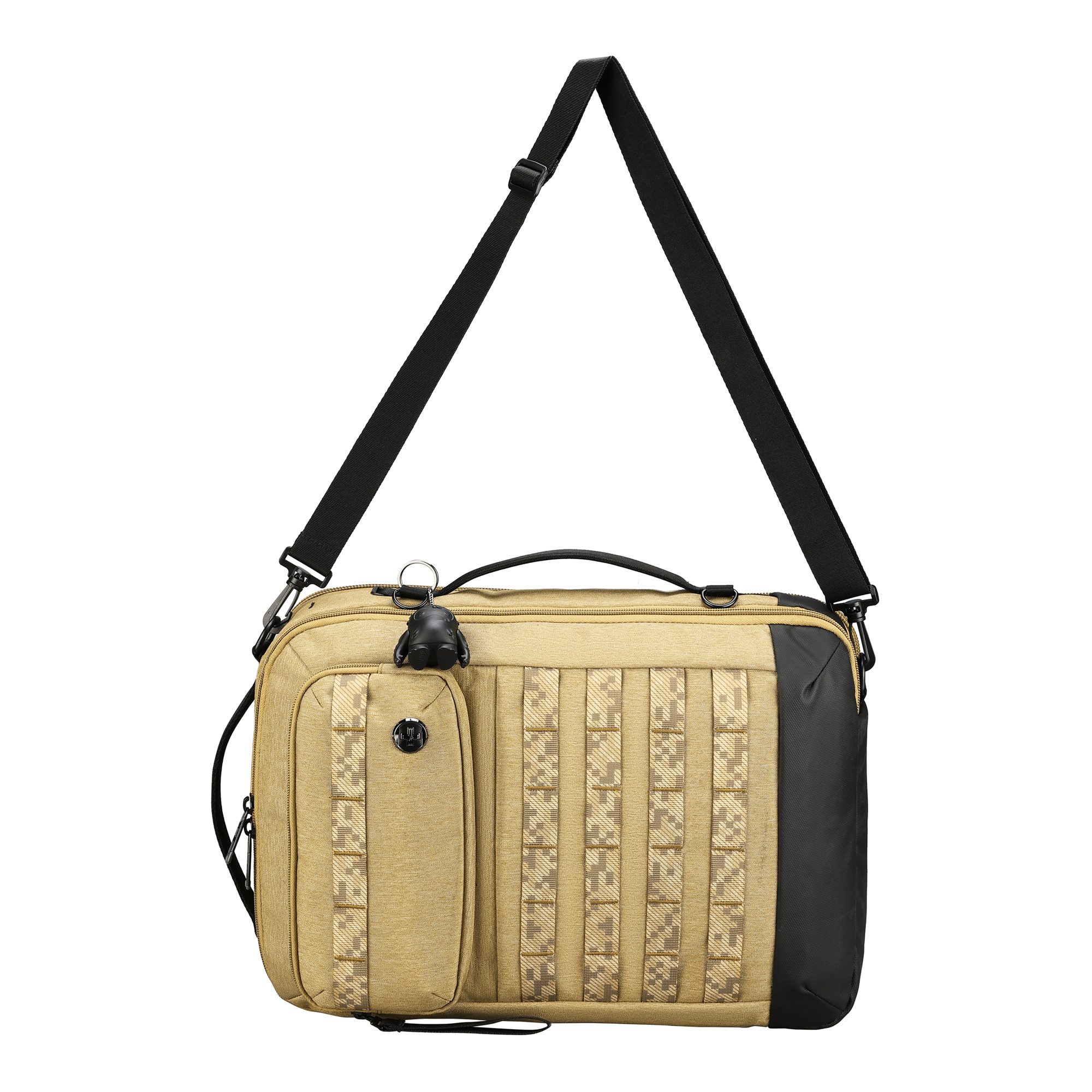 Borsa messenger beige e nera con tracolla nera.  Diverse tasche e un manico.