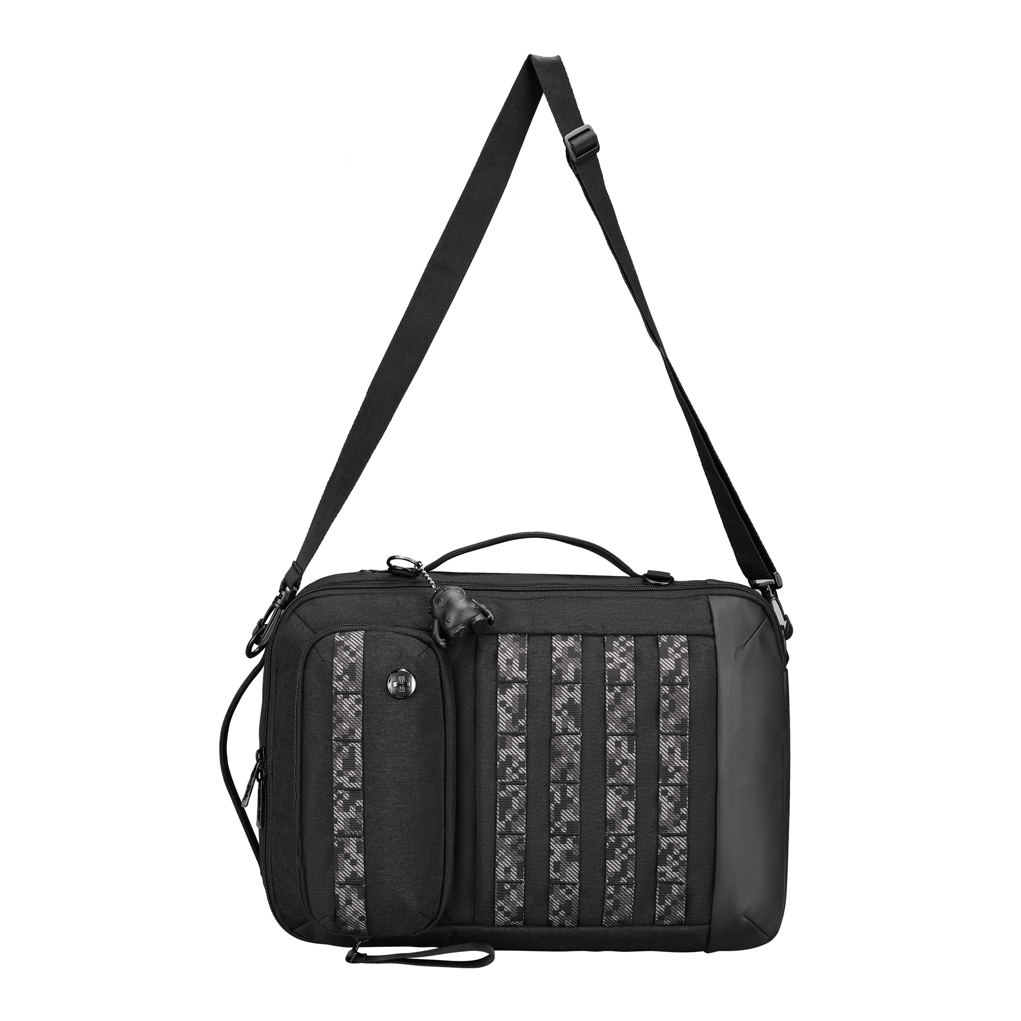 Borsa messenger nera con tracolla regolabile, tasca frontale e sezioni imbottite.