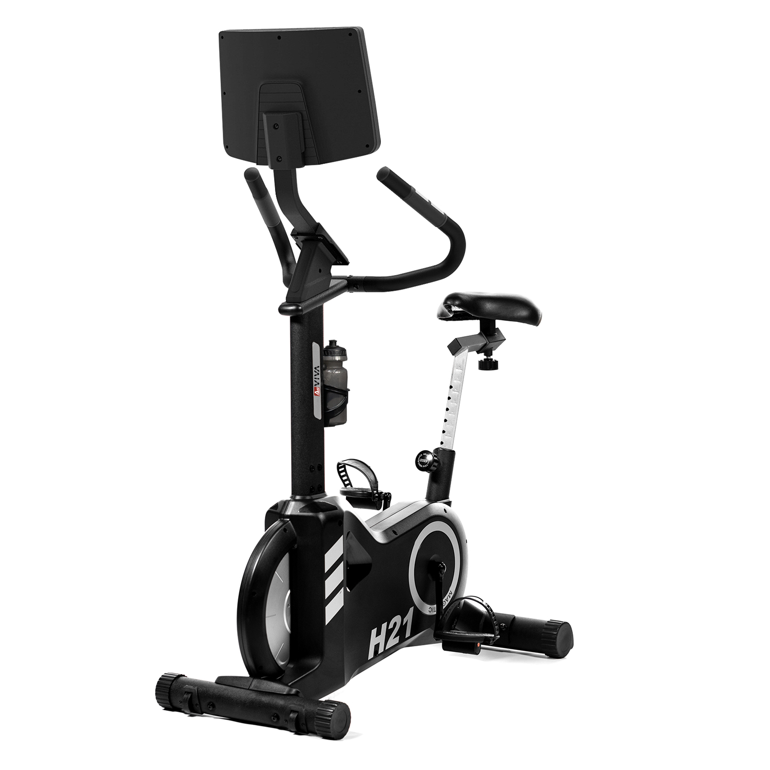 Ein schwarz-weißes Trainingsfahrrad mit Display, Wasserflaschenhalter und Pedalen, isoliert auf Weiß.