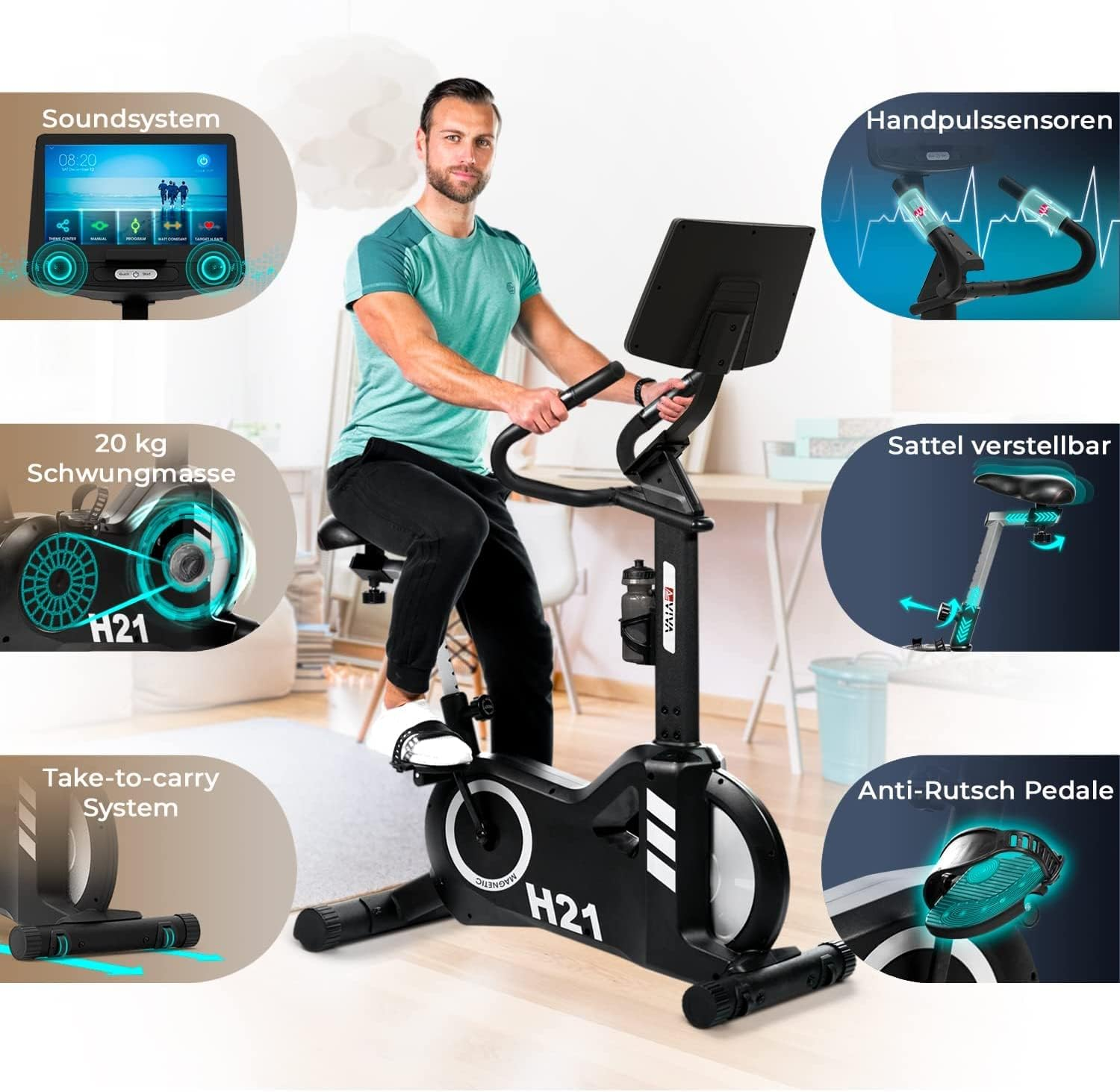 Ein Mann auf einem Heimtrainer mit beschrifteten Teilen: Soundsystem, Pedale, Sitz, Handsensoren.