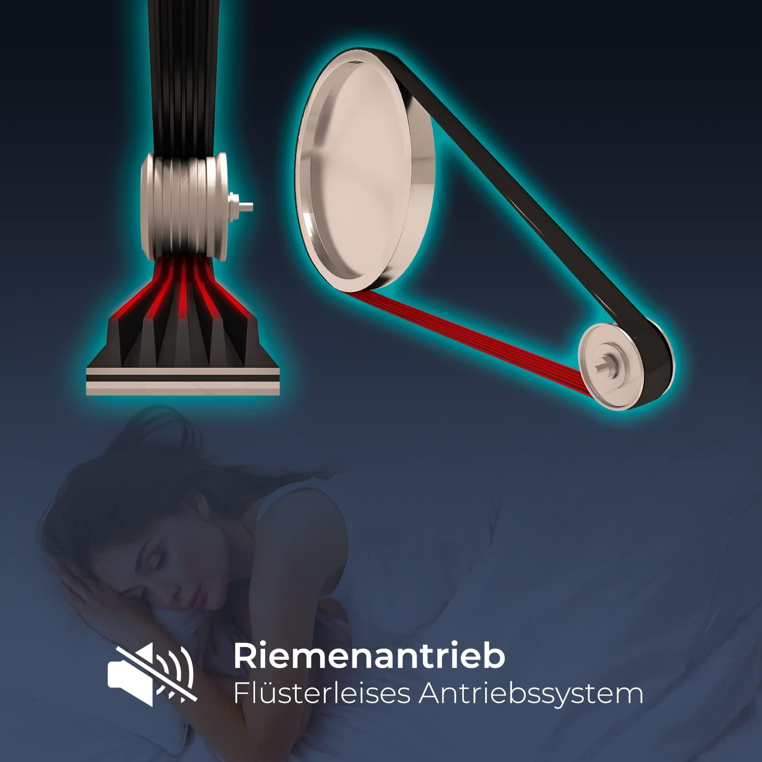 Eine Illustration, die einen Riemenantrieb zeigt, mit einer schlafenden Frau im Vordergrund.