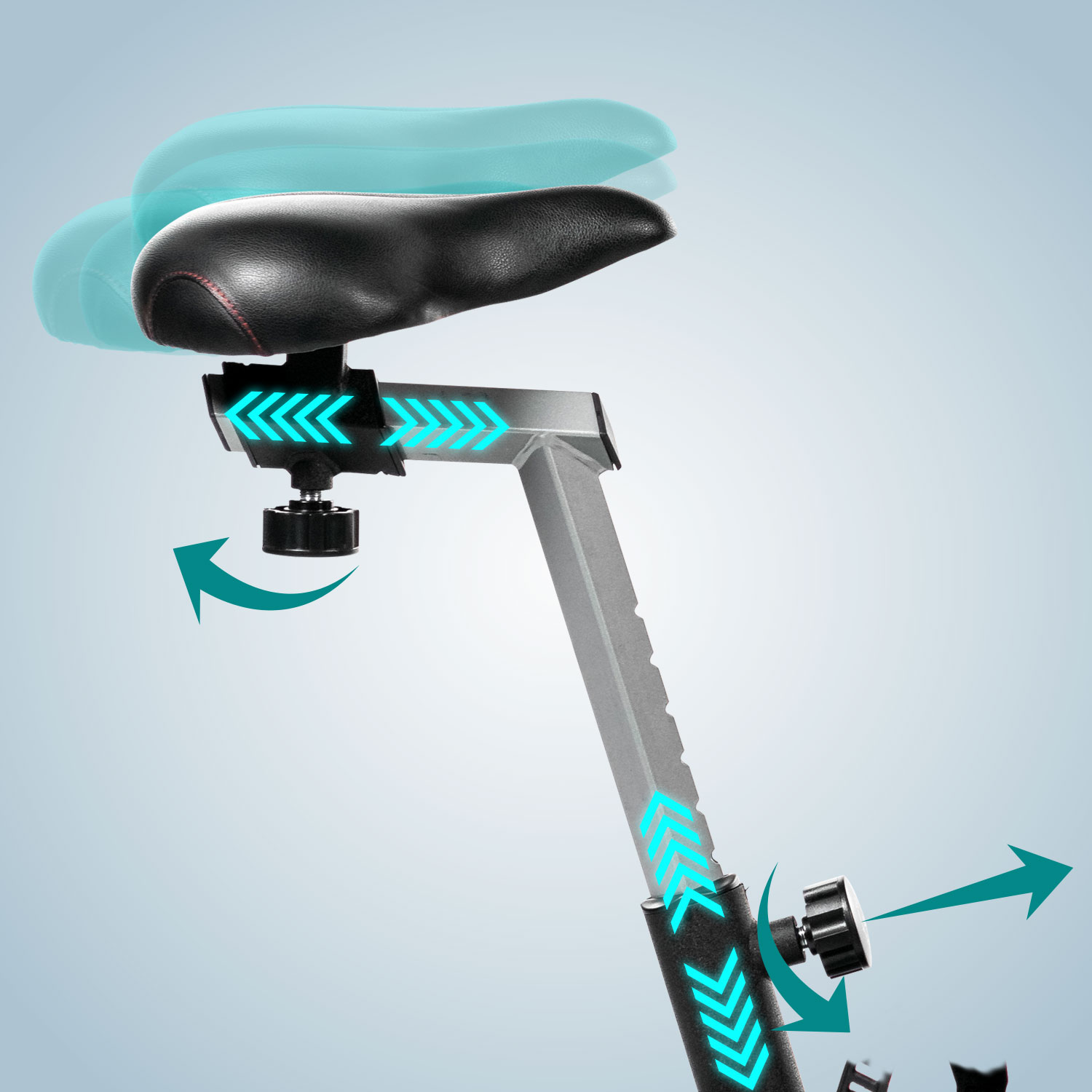 Nahaufnahme eines Spinning-Bike-Sitzes mit Pfeilen, die die Einstellrichtungen zeigen.