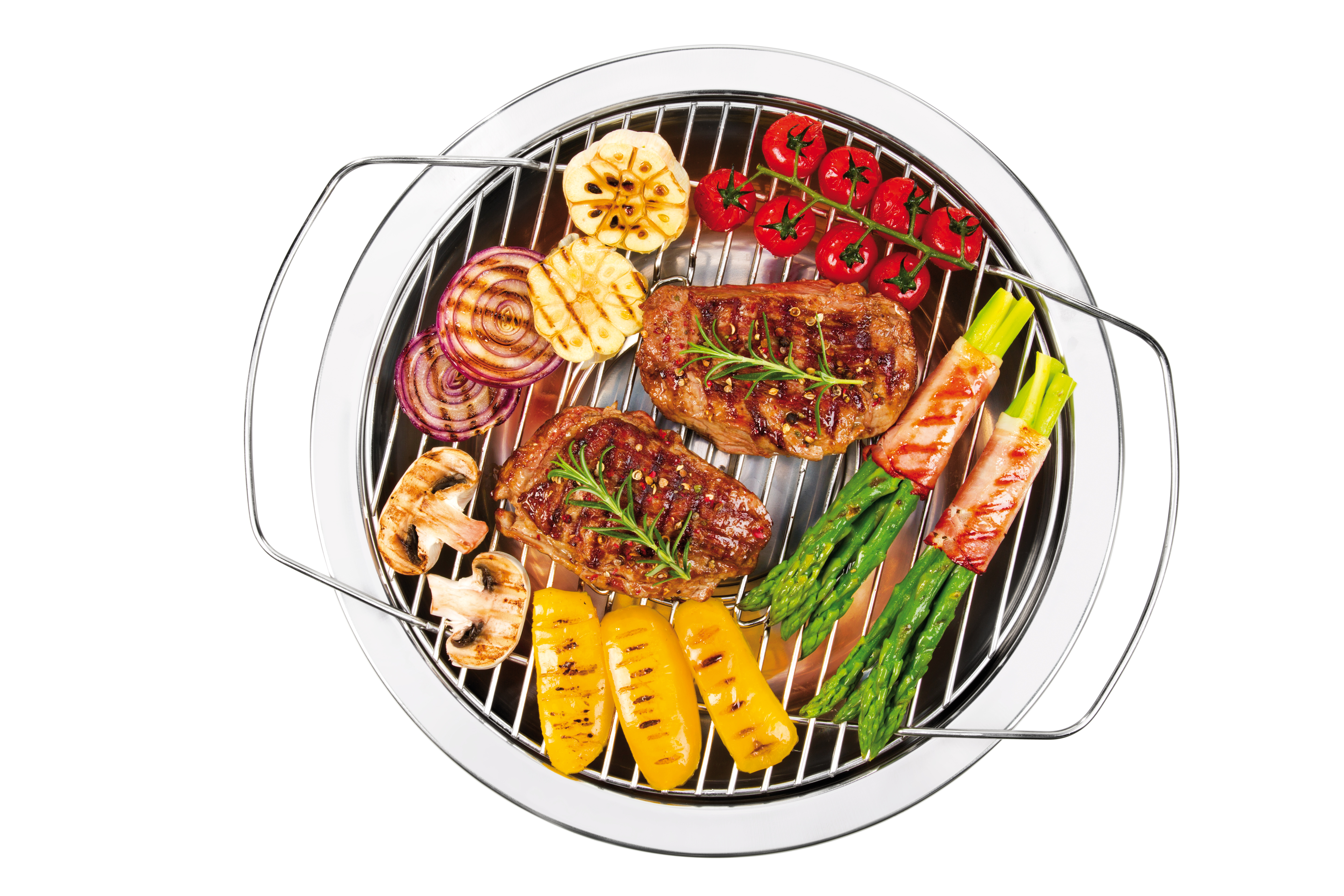 Gegrilltes Essen: Steak, Tomaten, Spargel, Paprika, Pilze und Zwiebeln auf einem Grill.