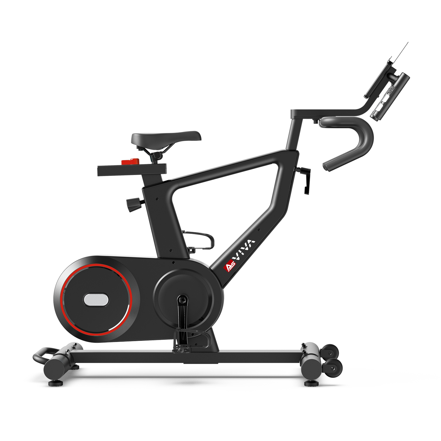 Schwarzes Heimtrainer. Roter Kreis auf dem Rad. Seitenansicht. Schwarzer Sitz. Lenker und Display vorne.