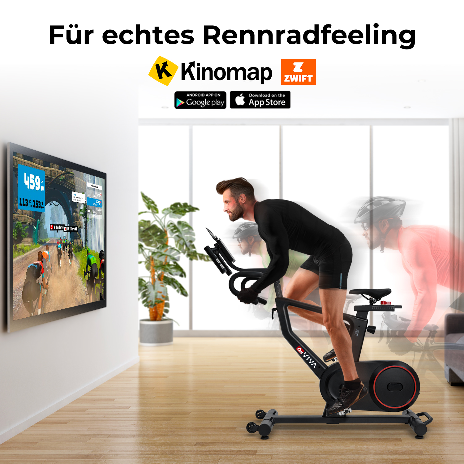 Mann auf einem Heimtrainer mit Fernsehbildschirm, der eine Radstrecke zeigt. Das Bild ist unscharf.