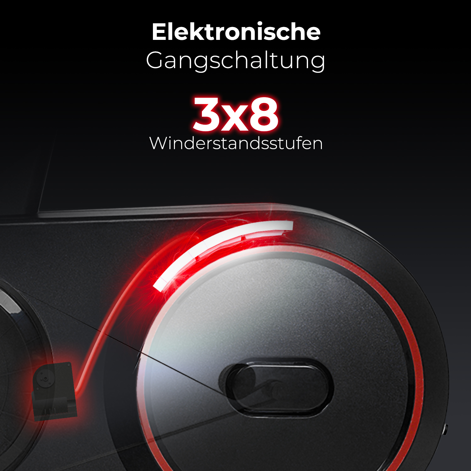 Nahaufnahme der Konsole eines schwarzen Heimtrainers mit rotem Licht und Text '3x8' und 'Gangschaltung'.