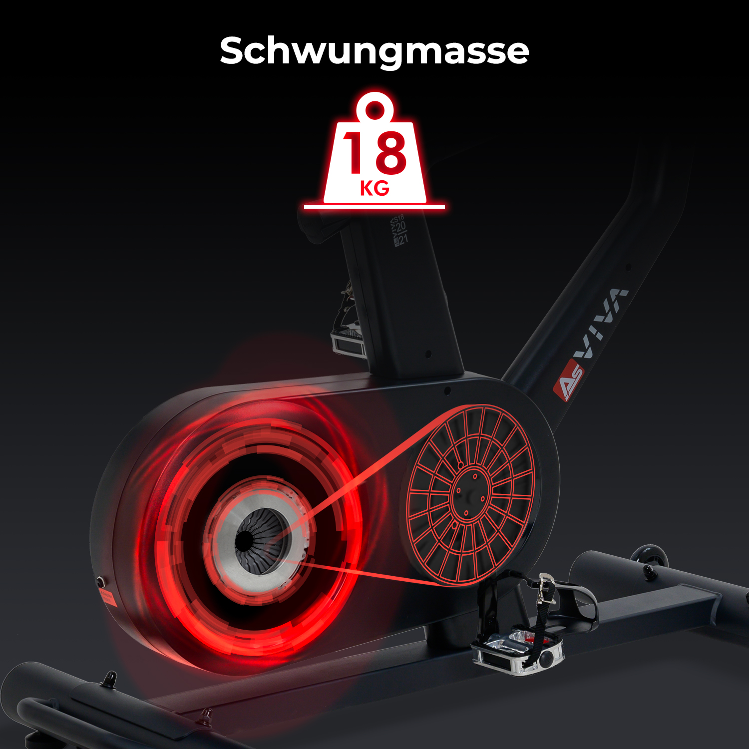 Ein Heimtrainer, der das Schwungrad mit einem Gewicht von 18 kg zeigt. Schwarzer Hintergrund.