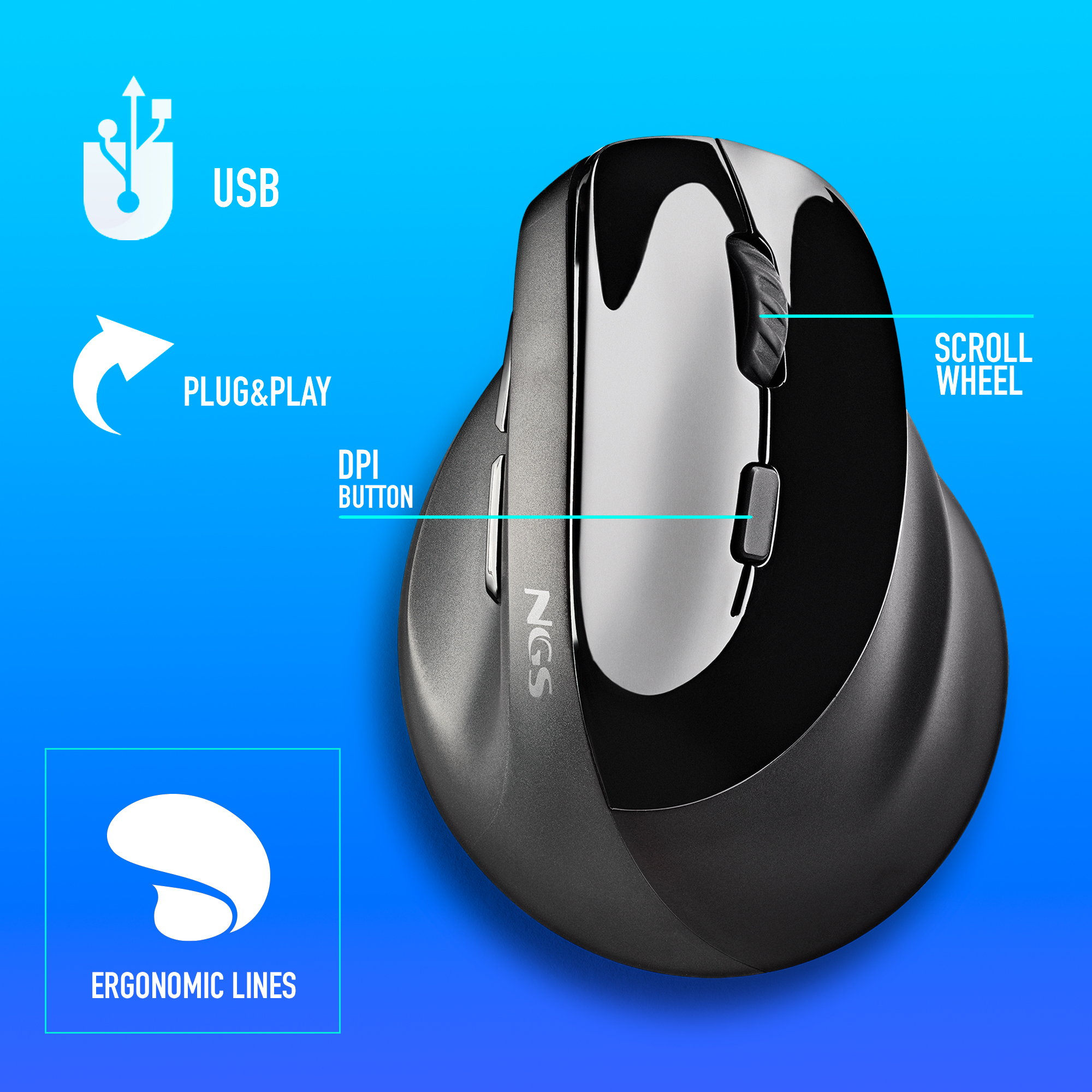 Ergonomiczna mysz z USB, plug&play, przyciskiem DPI i kółkiem przewijania.