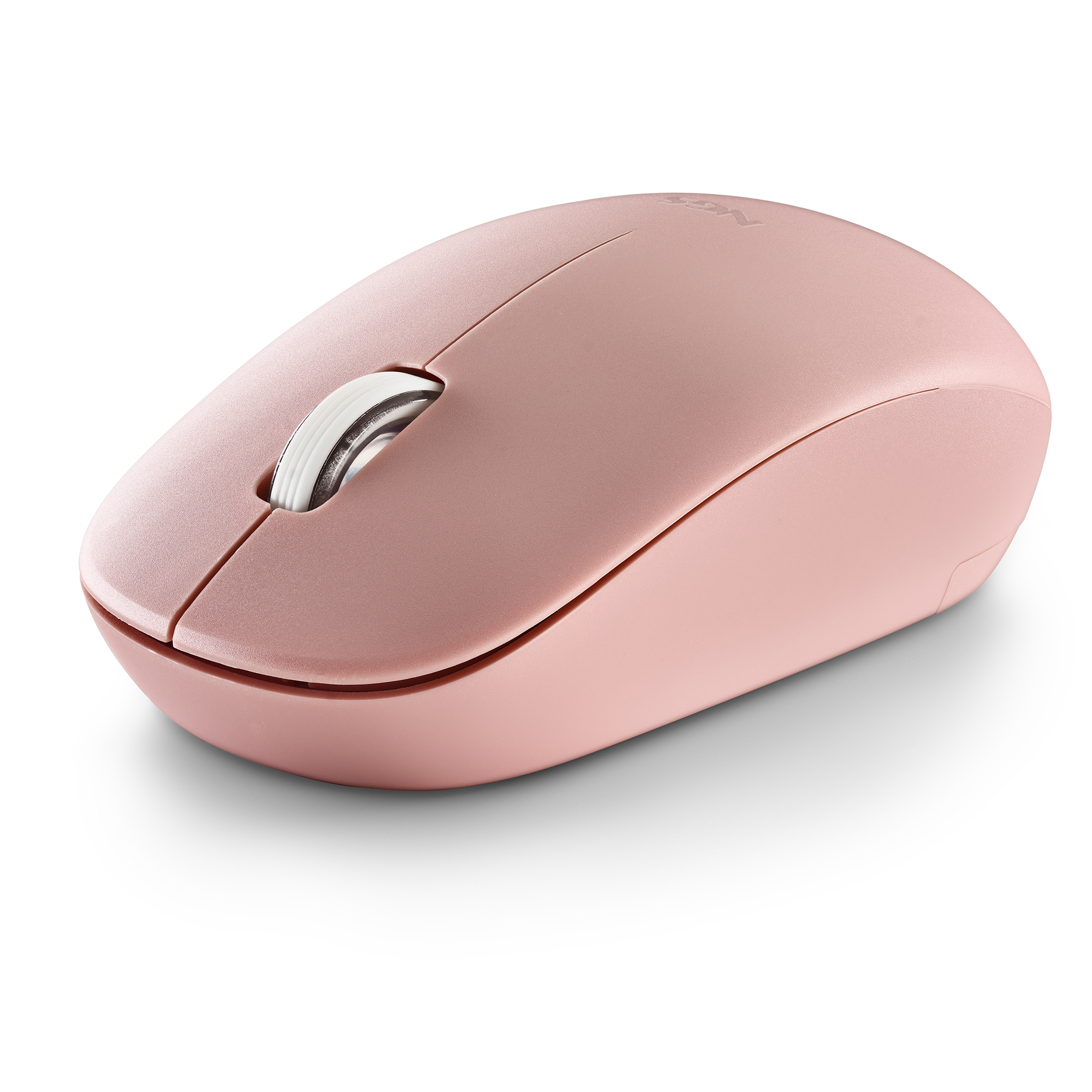 Eine rosa Computermaus. Sie hat ein Scrollrad und ein geschwungenes Design. Sie befindet sich auf einer weißen Oberfläche.
