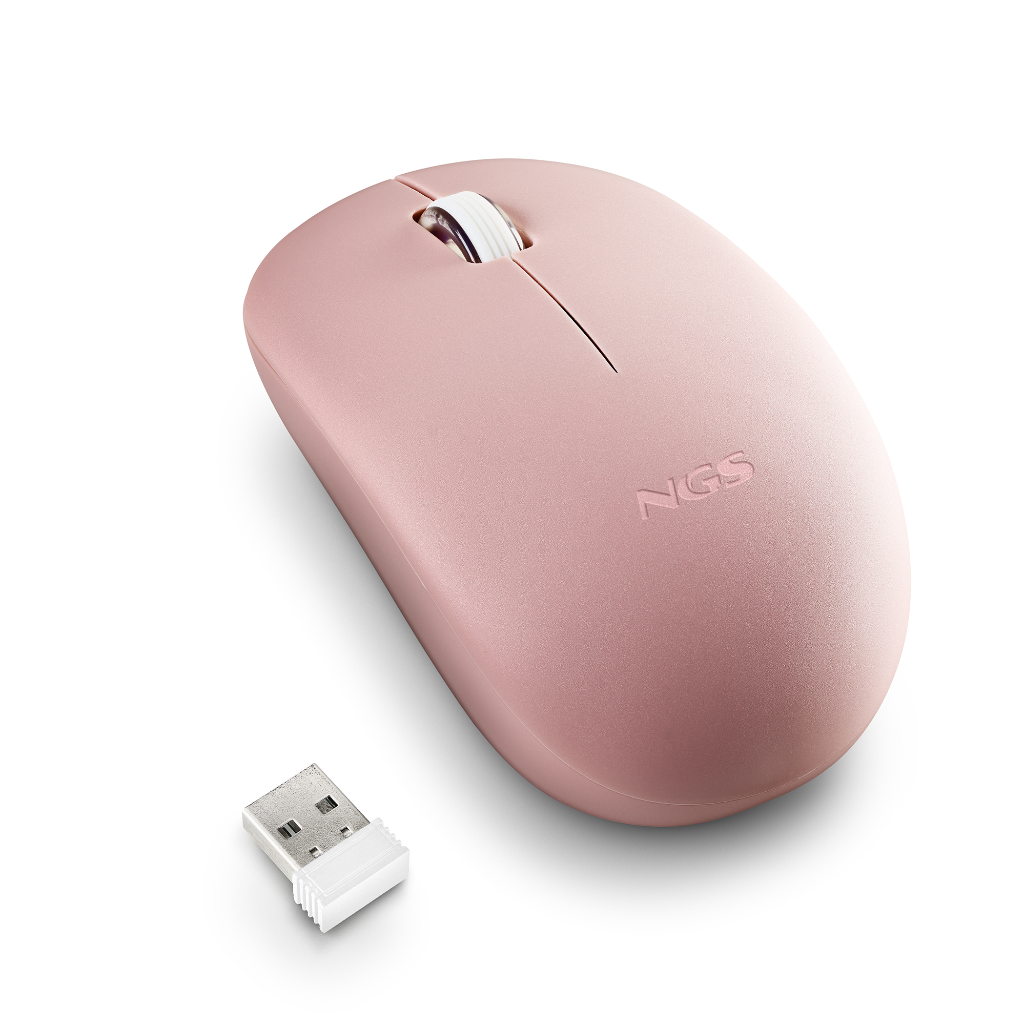 Eine rosa NGS-Funkmaus und ein kleiner weißer USB-Empfänger vor weißem Hintergrund.