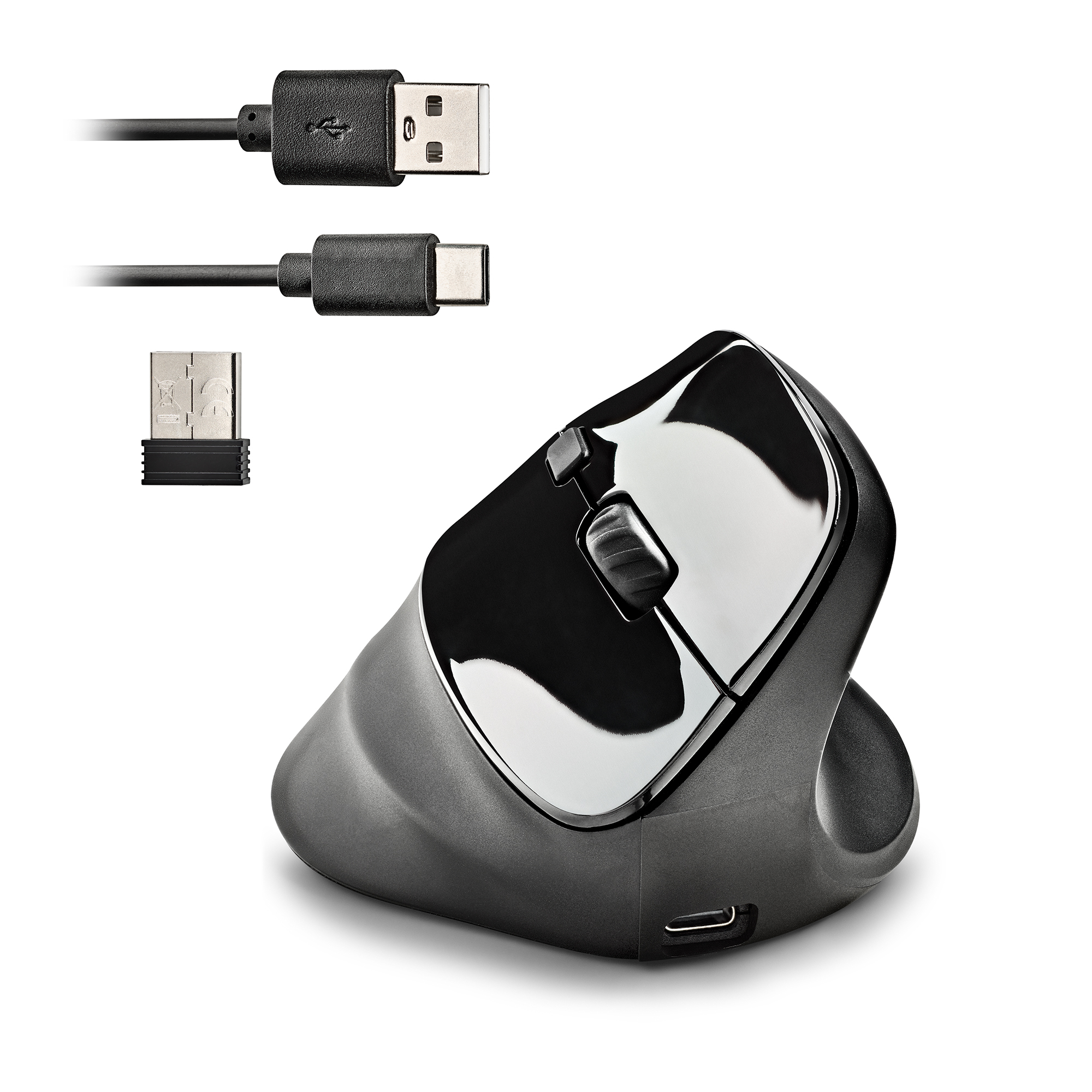 Ergonomiczna mysz z kablami USB i USB-C oraz odbiornikiem USB.