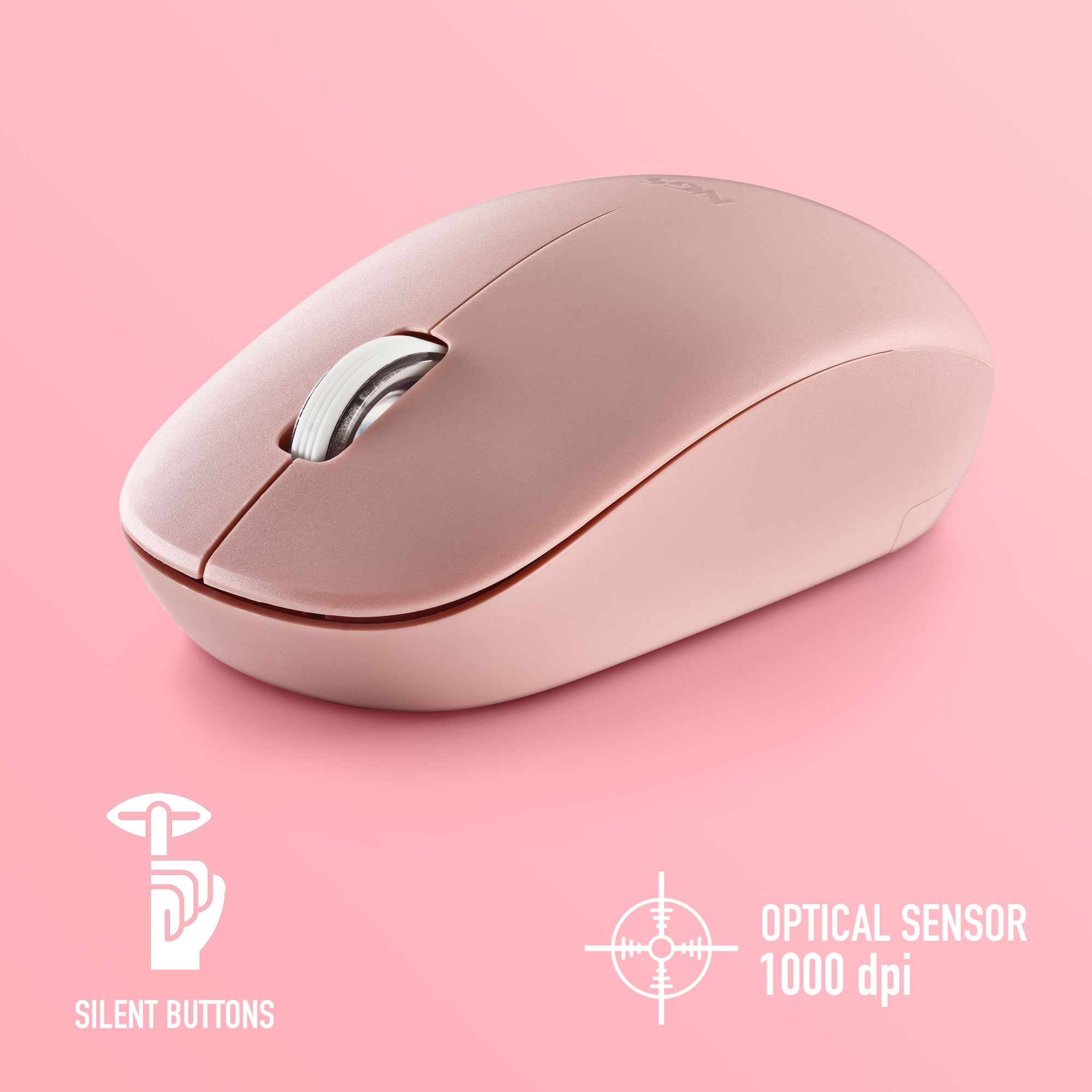 Rosa kabellose Maus mit leisen Tasten und 1000 dpi optischem Sensor.