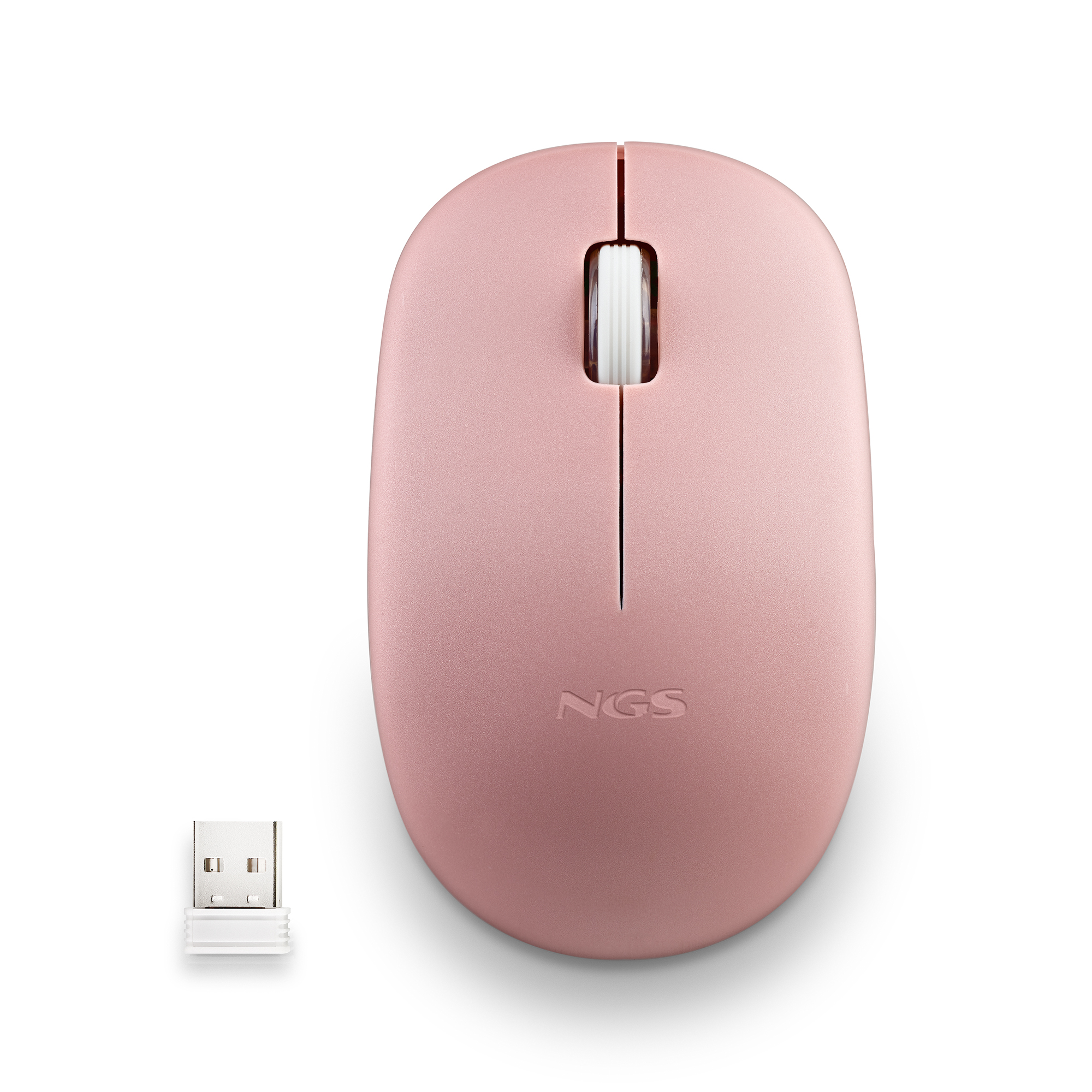 Rosa kabellose Maus mit USB-Empfänger. Maus auf weißem Hintergrund.