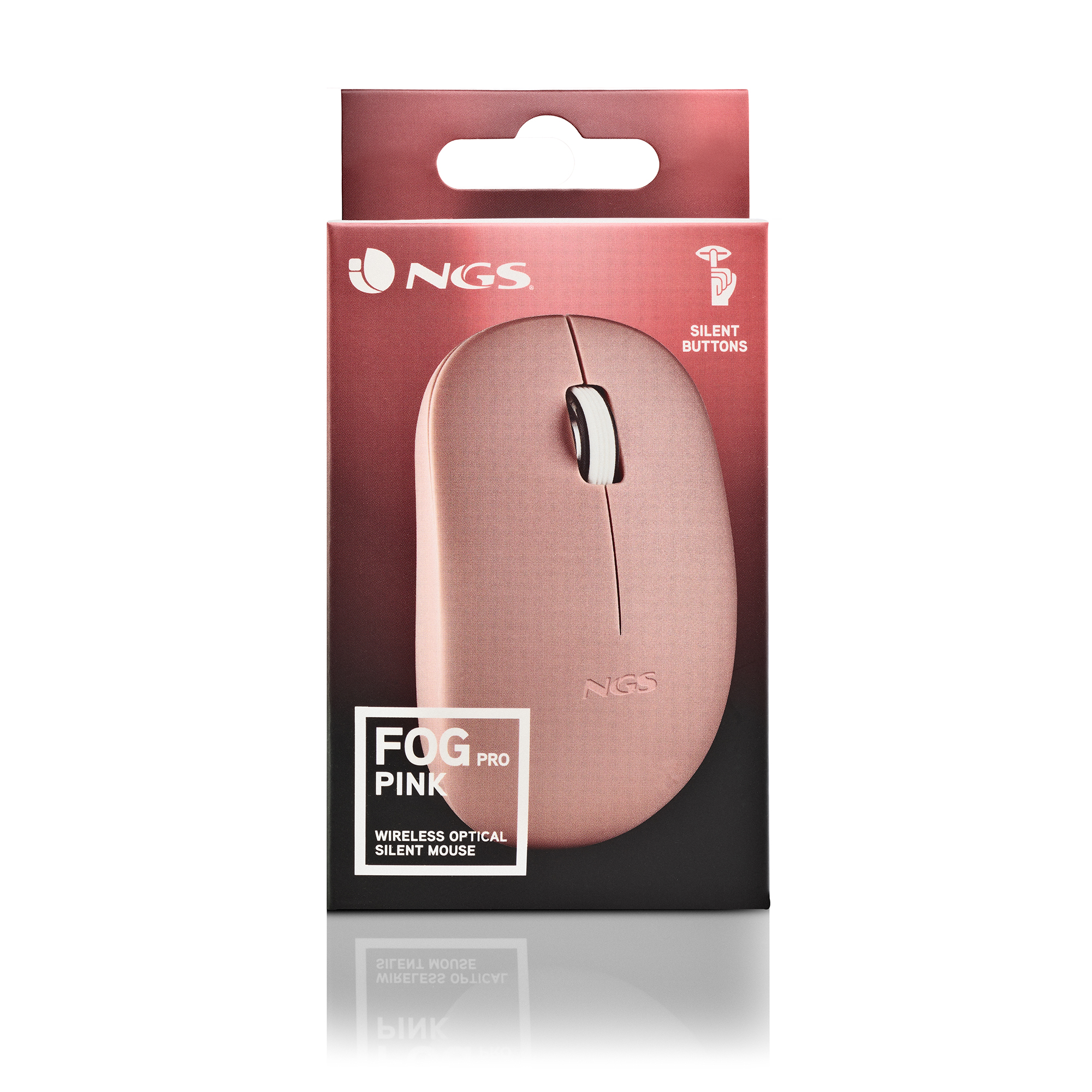 Rosa kabellose Maus in einer Box. Sie hat den Text "NGS FOG PRO" und "Silent Buttons".