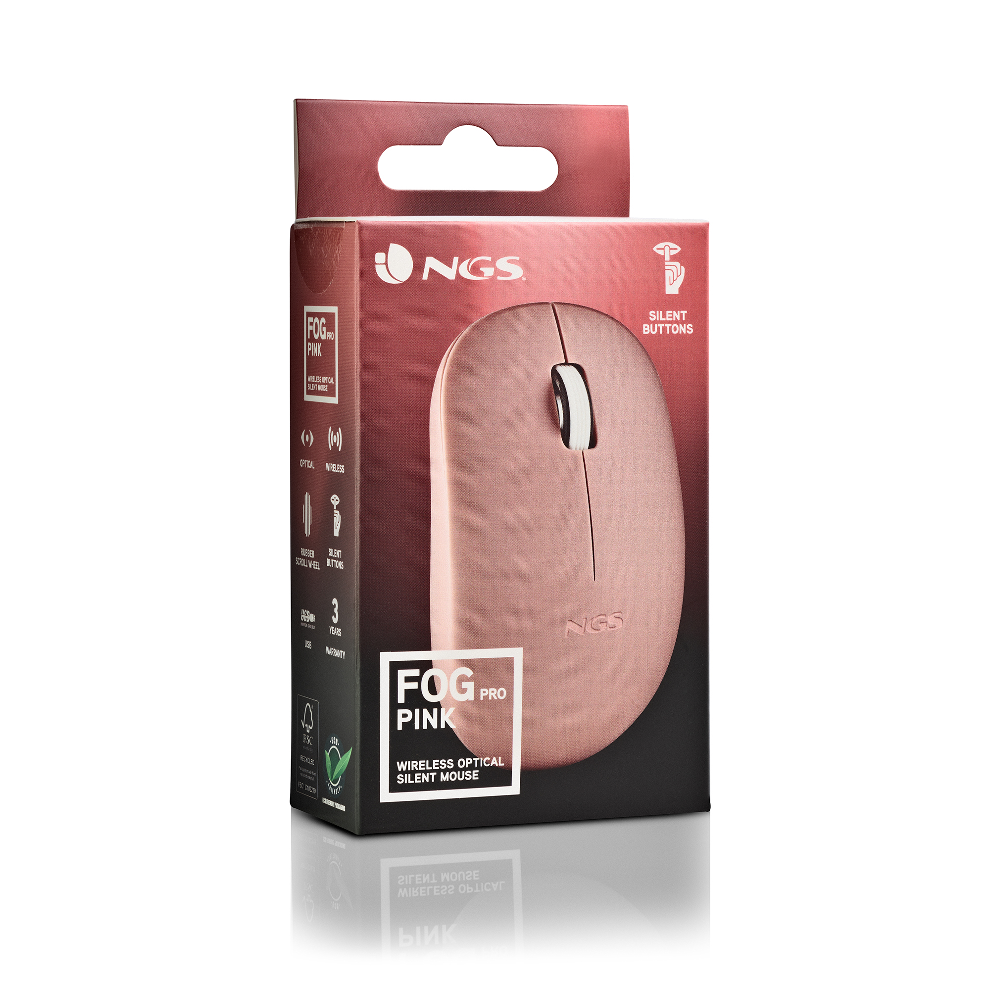 Eine rosa Computermaus in einer Box mit Text und Grafiken.