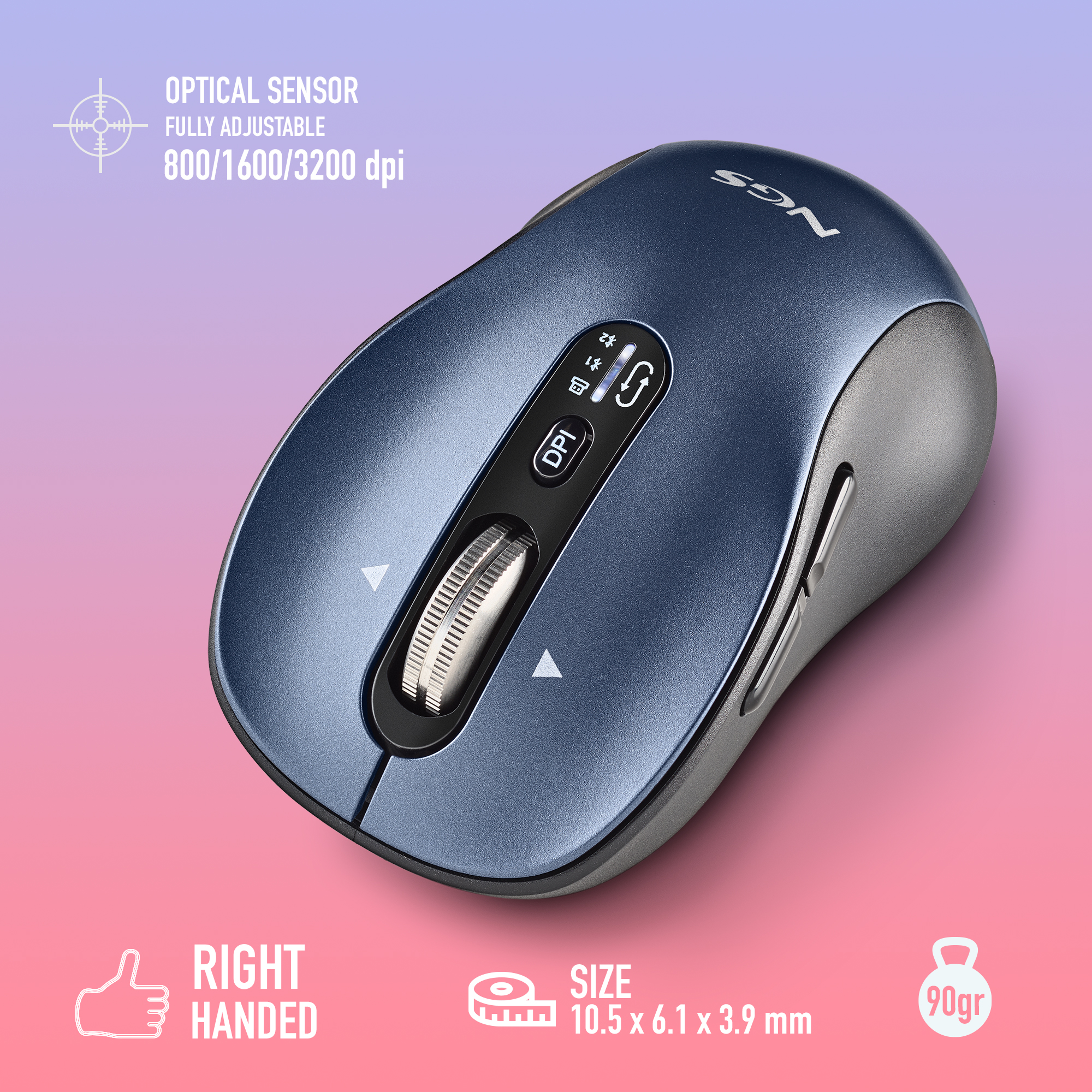 Niebiesko-szara mysz komputerowa. Posiada kółko przewijania, przycisk DPI i dwa boczne przyciski. Zawiera tekst.