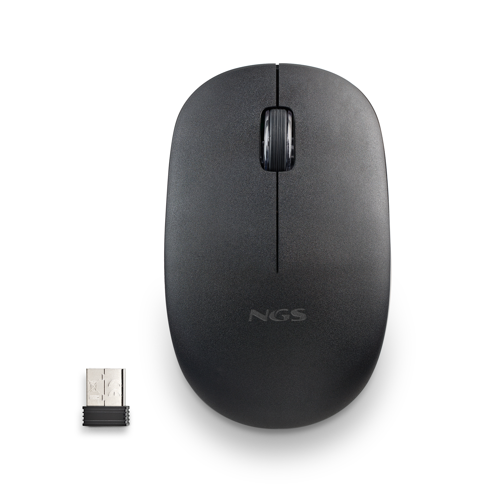 Zwarte draadloze NGS-muis met USB-ontvanger. Muis heeft een scrollwiel en het NGS-logo.