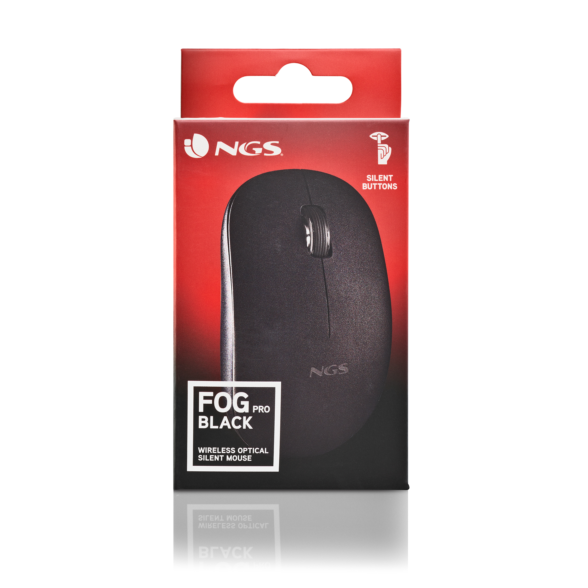 Zwarte NGS-muis in een rode en zwarte doos met 'SILENT BUTTONS' en 'FOG BLACK'.