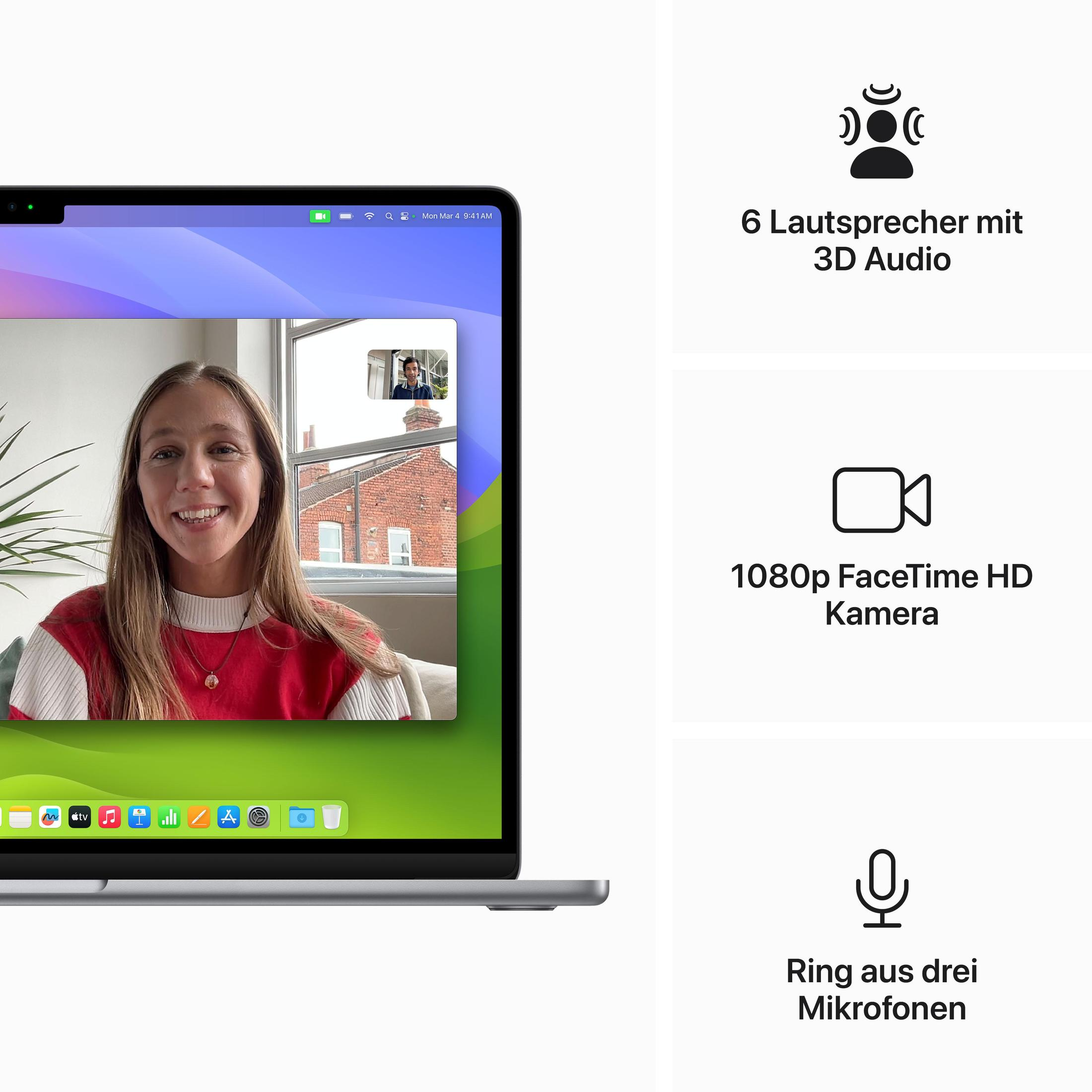 Laptop wyświetlający połączenie wideo, cechy: 6 głośników, kamera 1080p, 3 mikrofony.