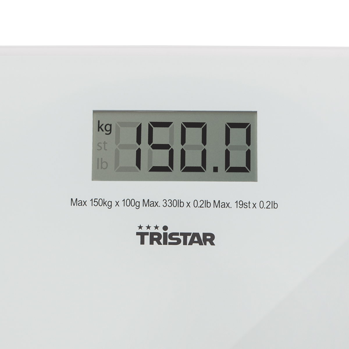 Bilancia digitale con 150,0 kg. Testo in basso: Max 150 kg, logo Tristar.