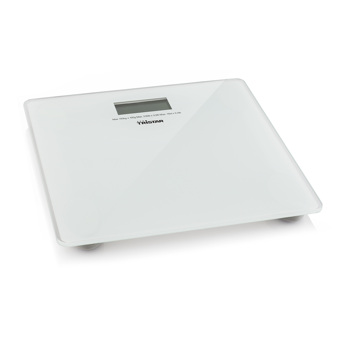 Una bilancia in vetro bianco con display digitale, su sfondo bianco.