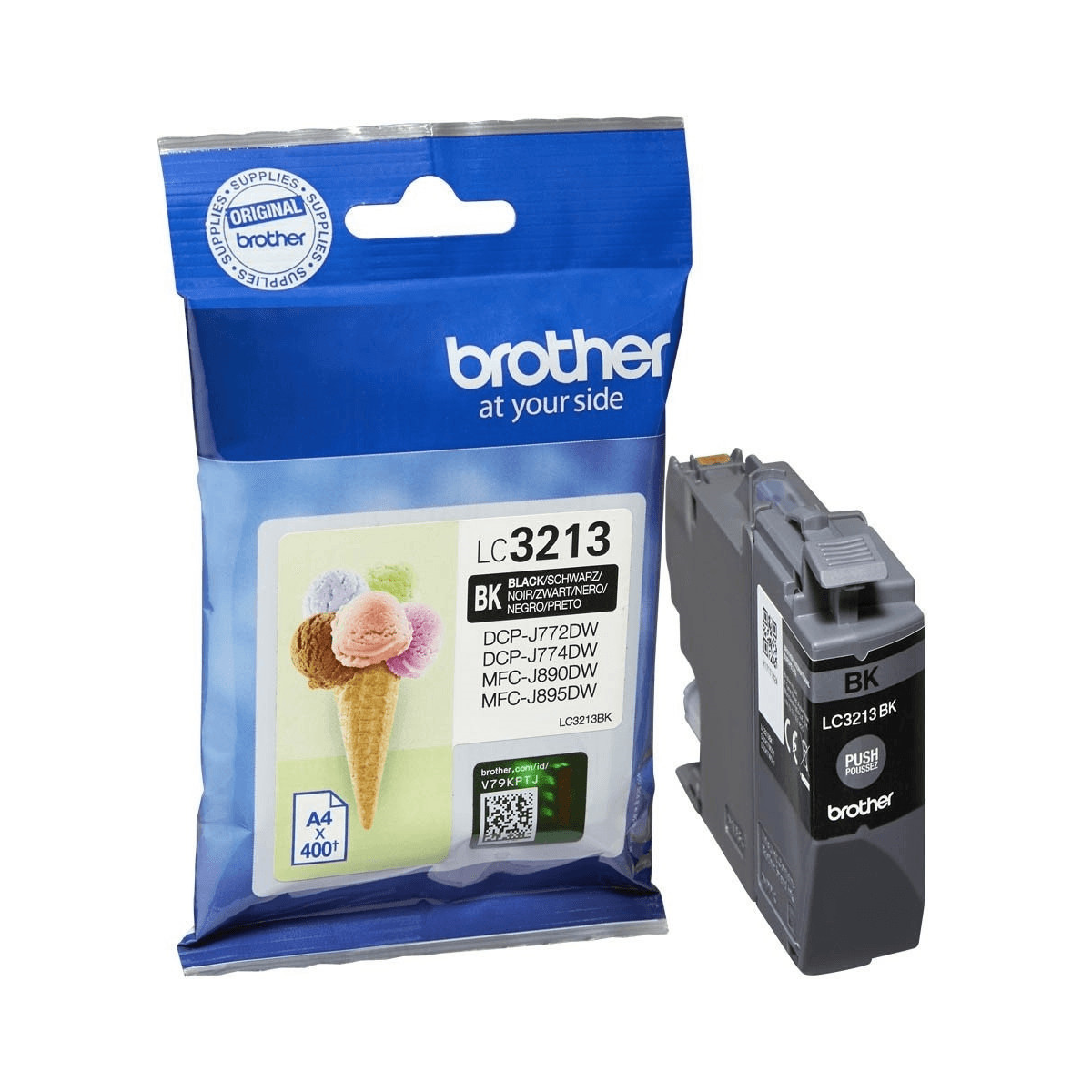 Wkład atramentowy Brother LC3213 BK i jego opakowanie. Opakowanie przedstawia rożek lodów z kulkami w różnych kolorach.