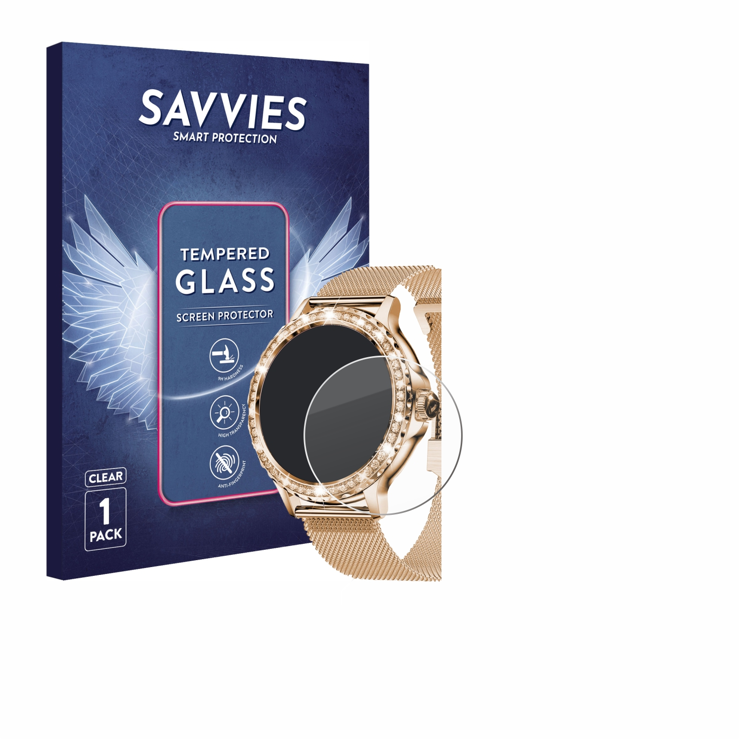 Schachtel mit Smartwatch und Displayschutzfolie. Die Uhr ist goldfarben und hat einen klaren Displayschutz.