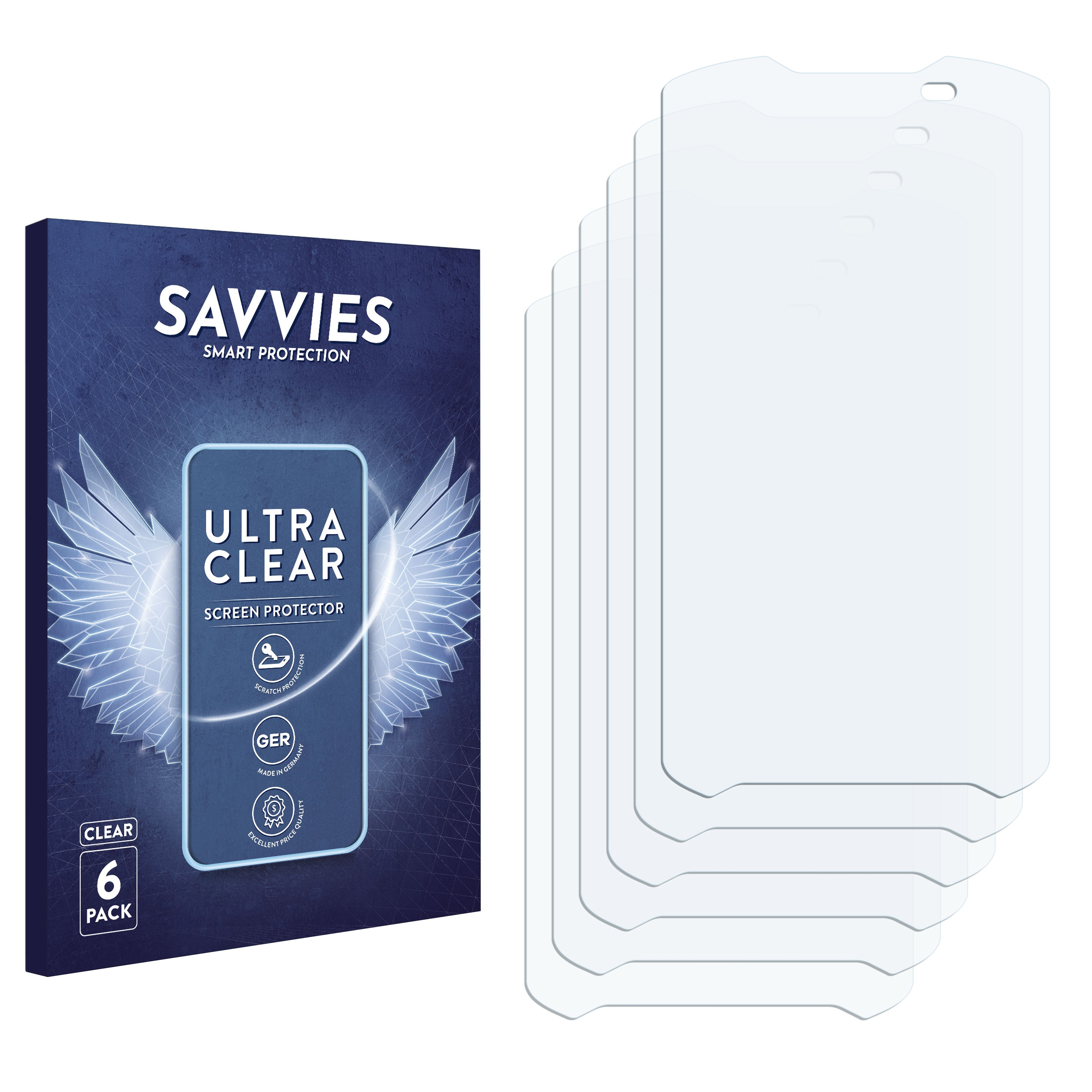 Displayschutzfolienbox und Displayschutzfolien. Weißer Hintergrund. 6er-Pack Displayschutz.