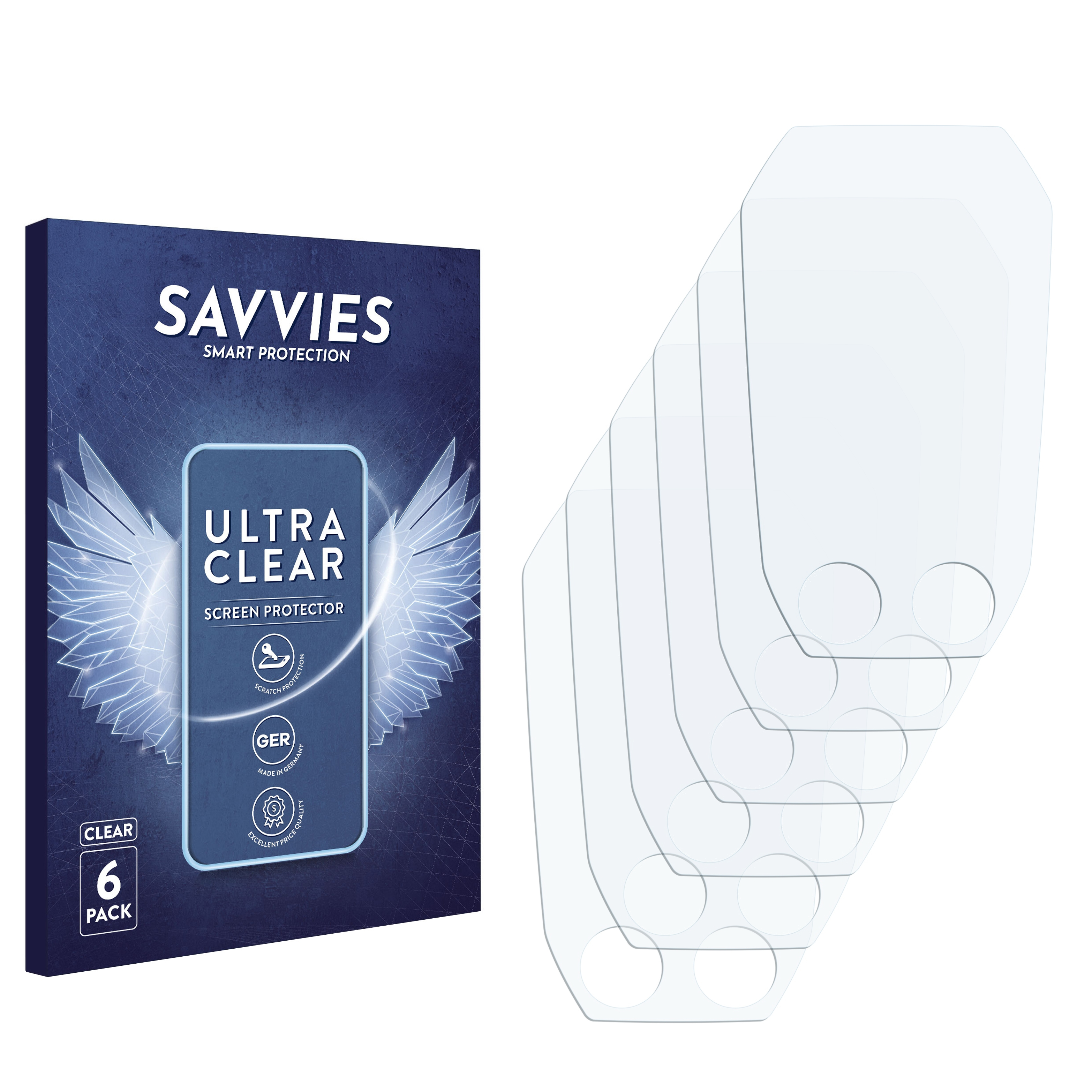 Eine Schachtel mit Displayschutzfolien und sechs klaren Displayschutzfolien. Die Box hat ein Telefon mit Flügeln und 'ULTRA CLEAR'.