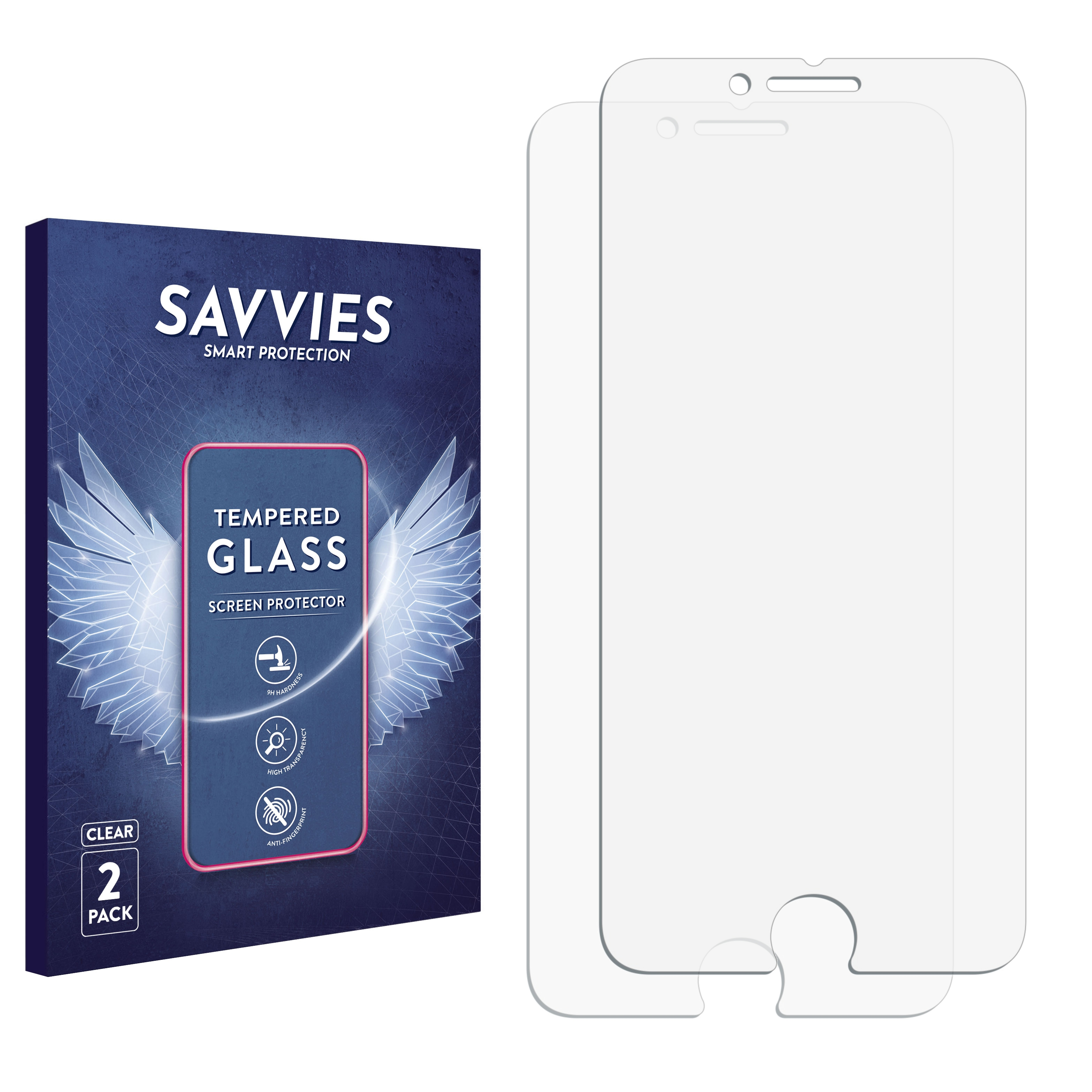 Zwei klare Displayschutzfolien in einer blauen Packung. Die Packung sagt 'SAVVIES' und 'TEMPERED GLASS'.
