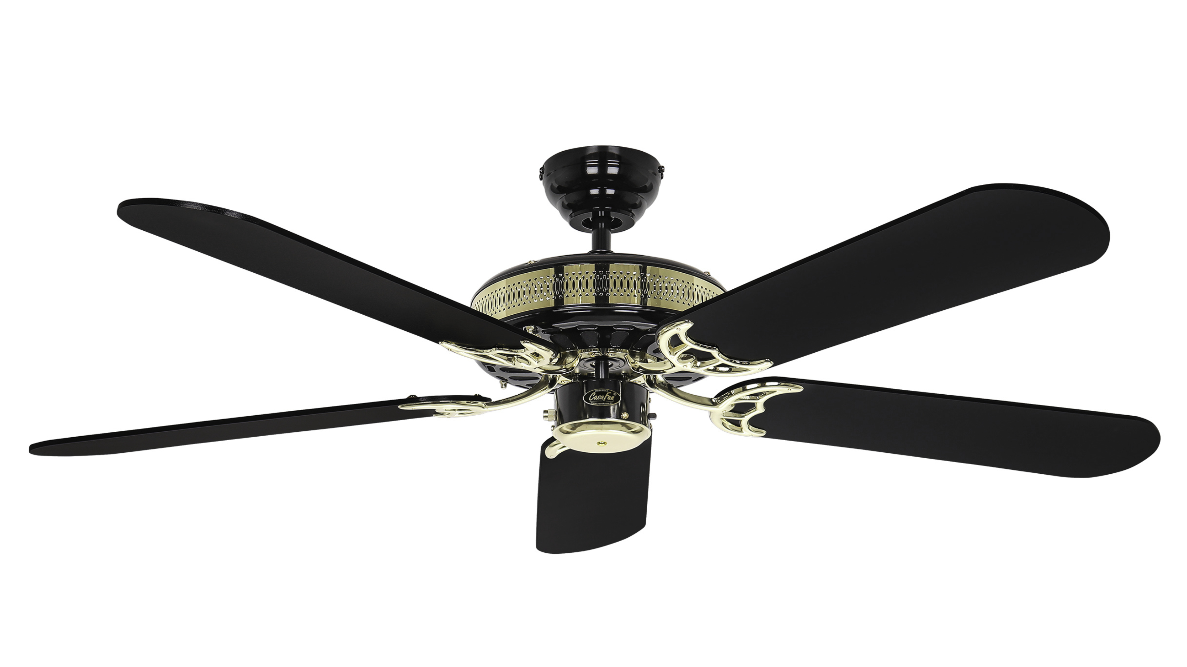 Un ventilatore da soffitto nero con cinque pale e dettagli dorati su sfondo bianco.