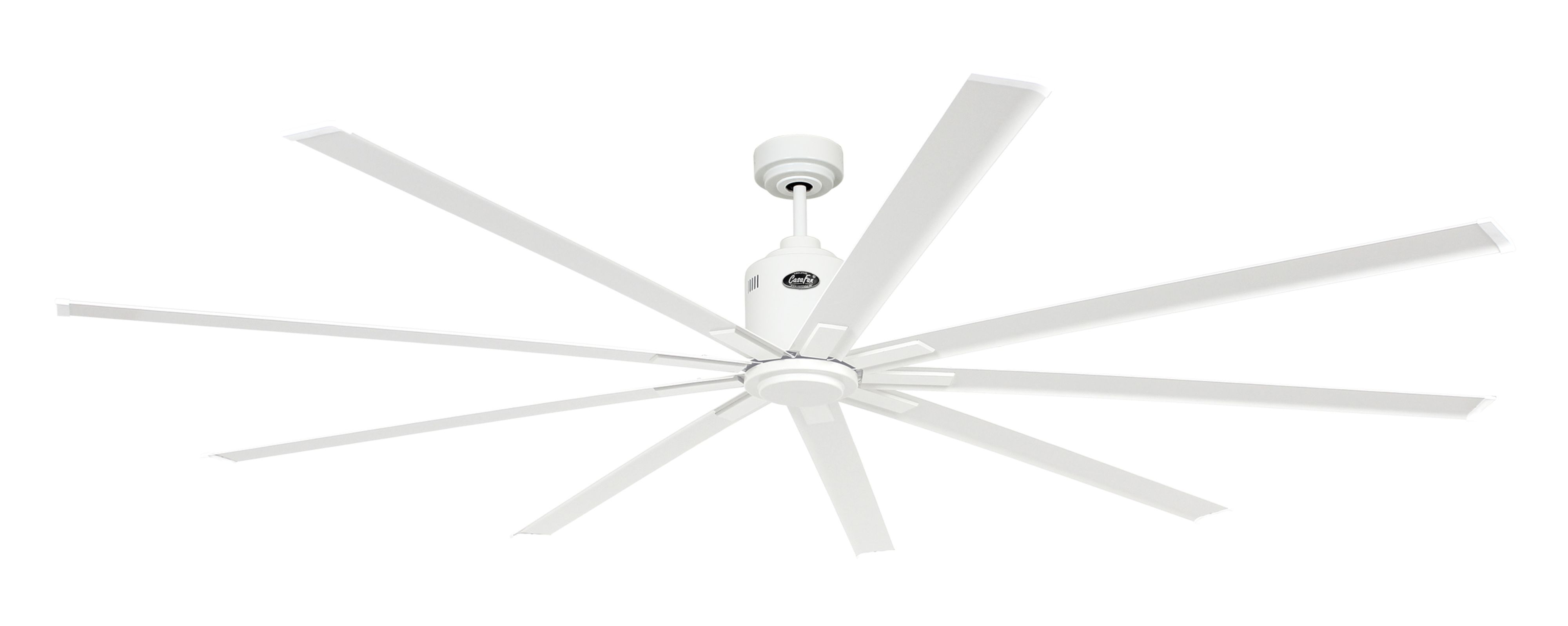 Un ventilatore da soffitto bianco con molte pale. Il ventilatore è montato su un soffitto bianco e su sfondo bianco.