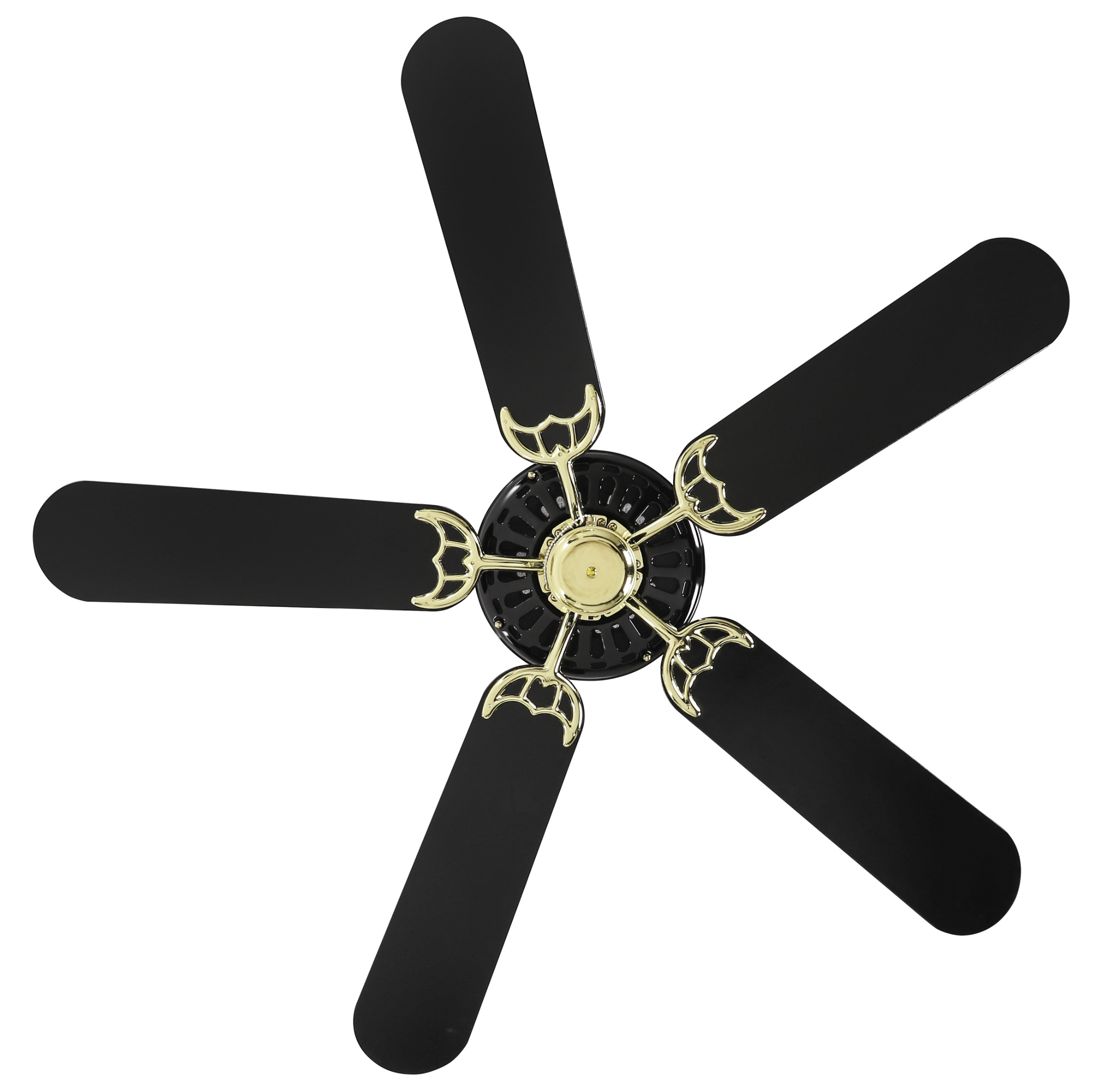 Un ventilatore a soffitto con cinque pale nere e un centro dorato. Il ventilatore è su sfondo bianco.
