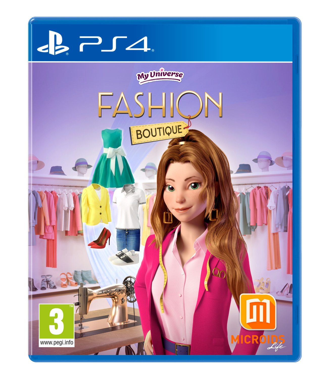 Videospiel-Cover mit einem Cartoon-Mädchen mit einer Nähmaschine und einem Modeboutique-Thema.
