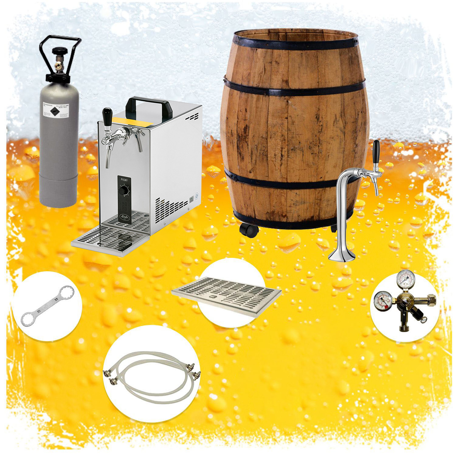 Ein Bierhahn-Setup mit Fass, CO2-Tank und verschiedenen Zubehörteilen auf gelbem Hintergrund.