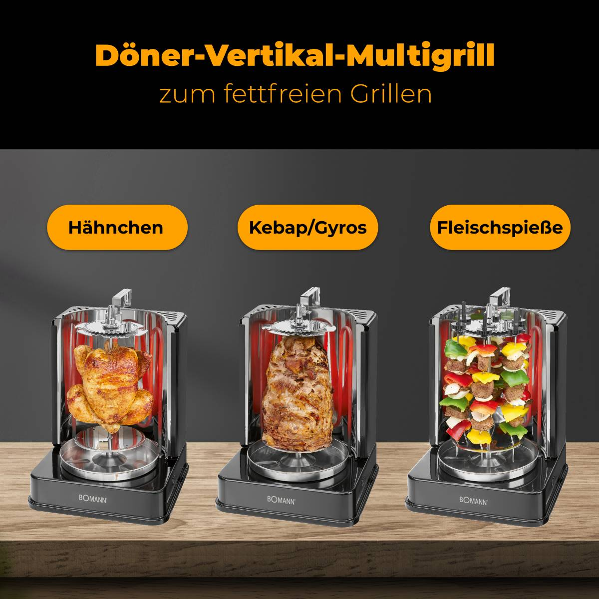 Una parrilla vertical con opciones para pollo, kebab y brochetas de carne.