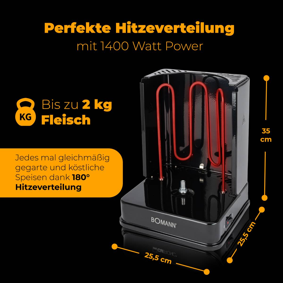 Parrilla eléctrica negra con elementos calefactores rojos y texto sobre distribución perfecta del calor.