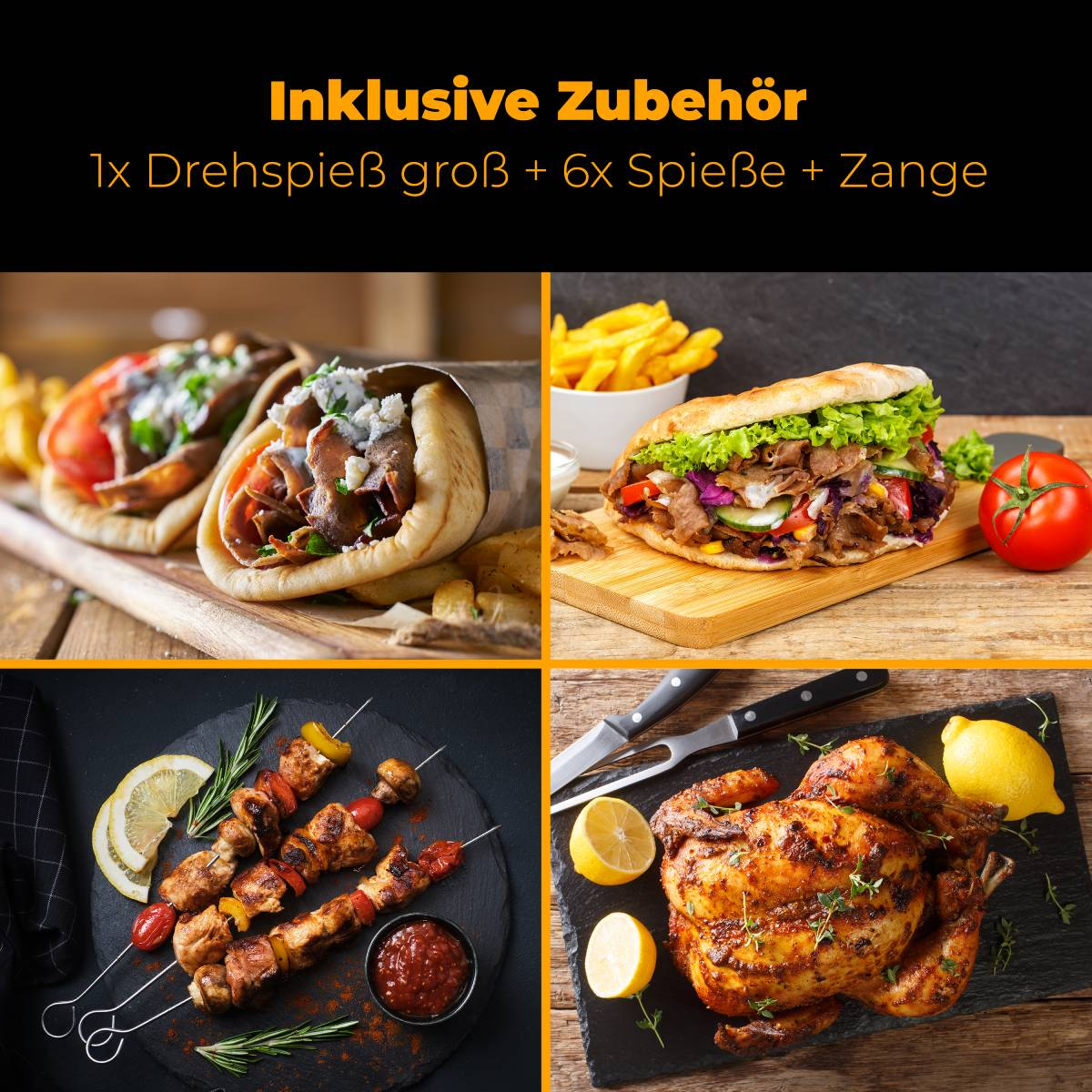 Variedad de alimentos cocinados: gyros, sándwiches, brochetas y pollo asado entero.