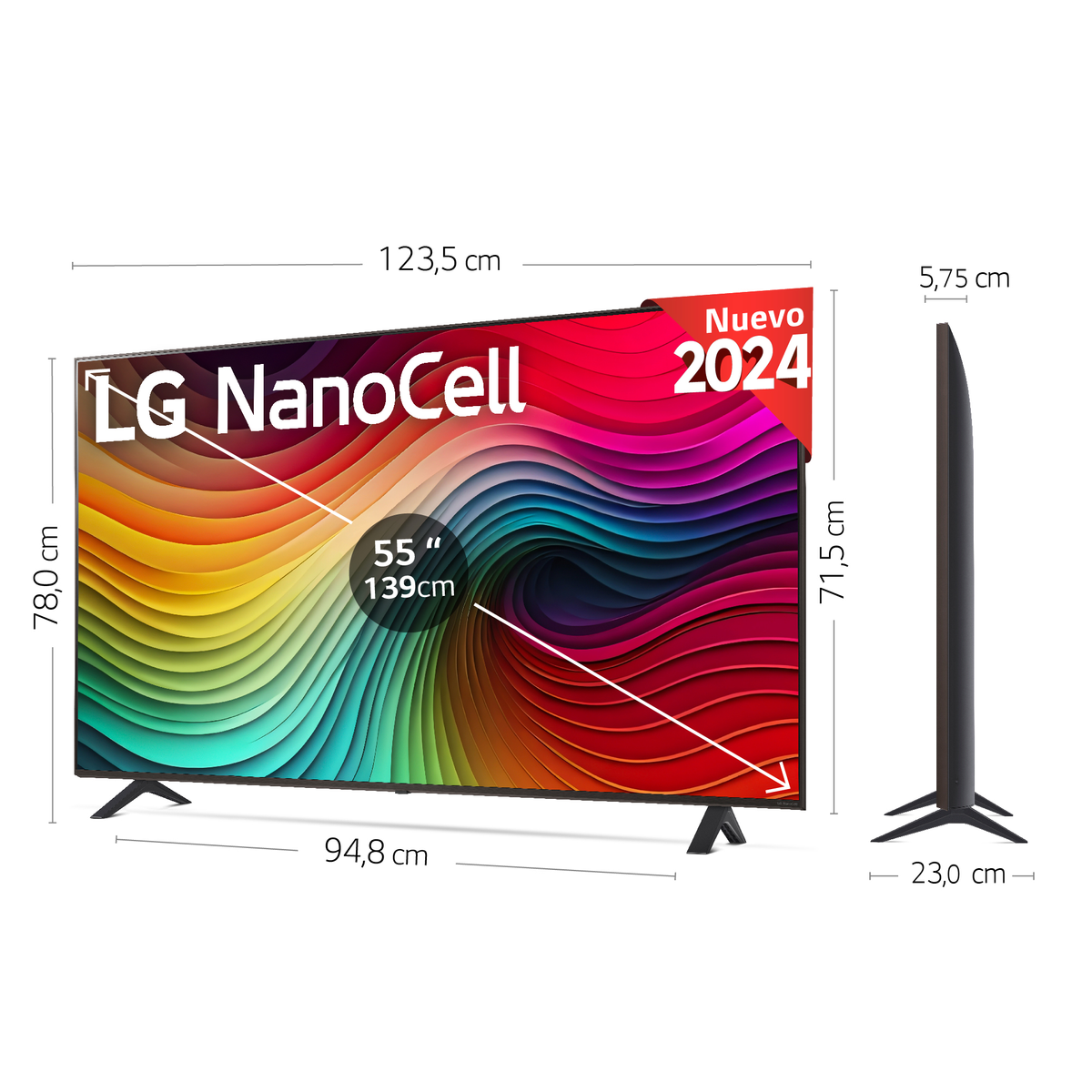 TV LG Nanocell, 55 pulgadas, con dimensiones mostradas, vista lateral del grosor.