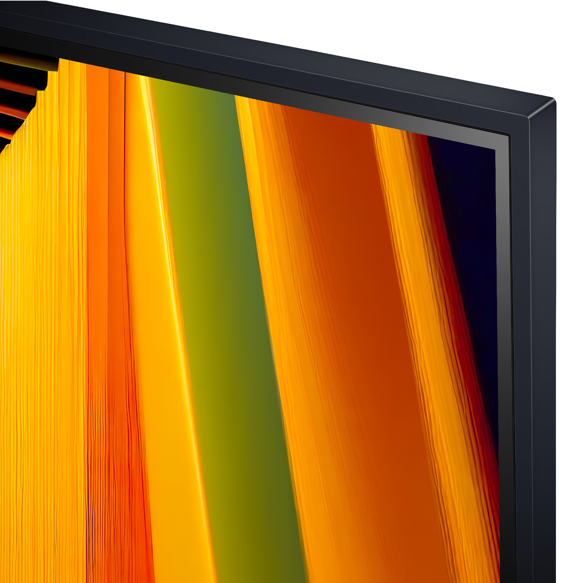 Zbliżenie ekranu telewizora, pokazującego kolorowy, abstrakcyjny wzór z pionowymi paskami w różnych kolorach.