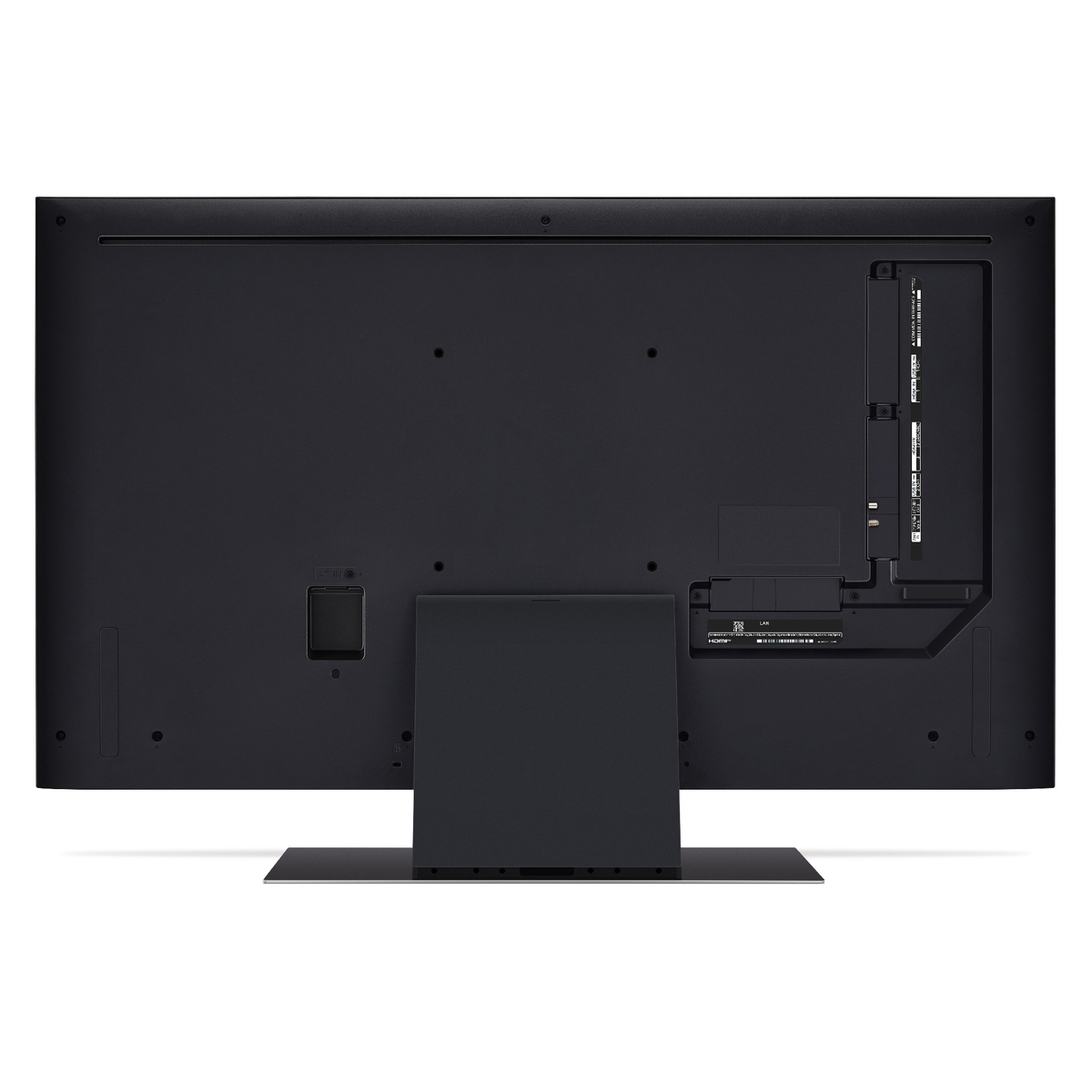 Widok z tyłu czarnego telewizora LG z portami i podstawą, na białym tle.