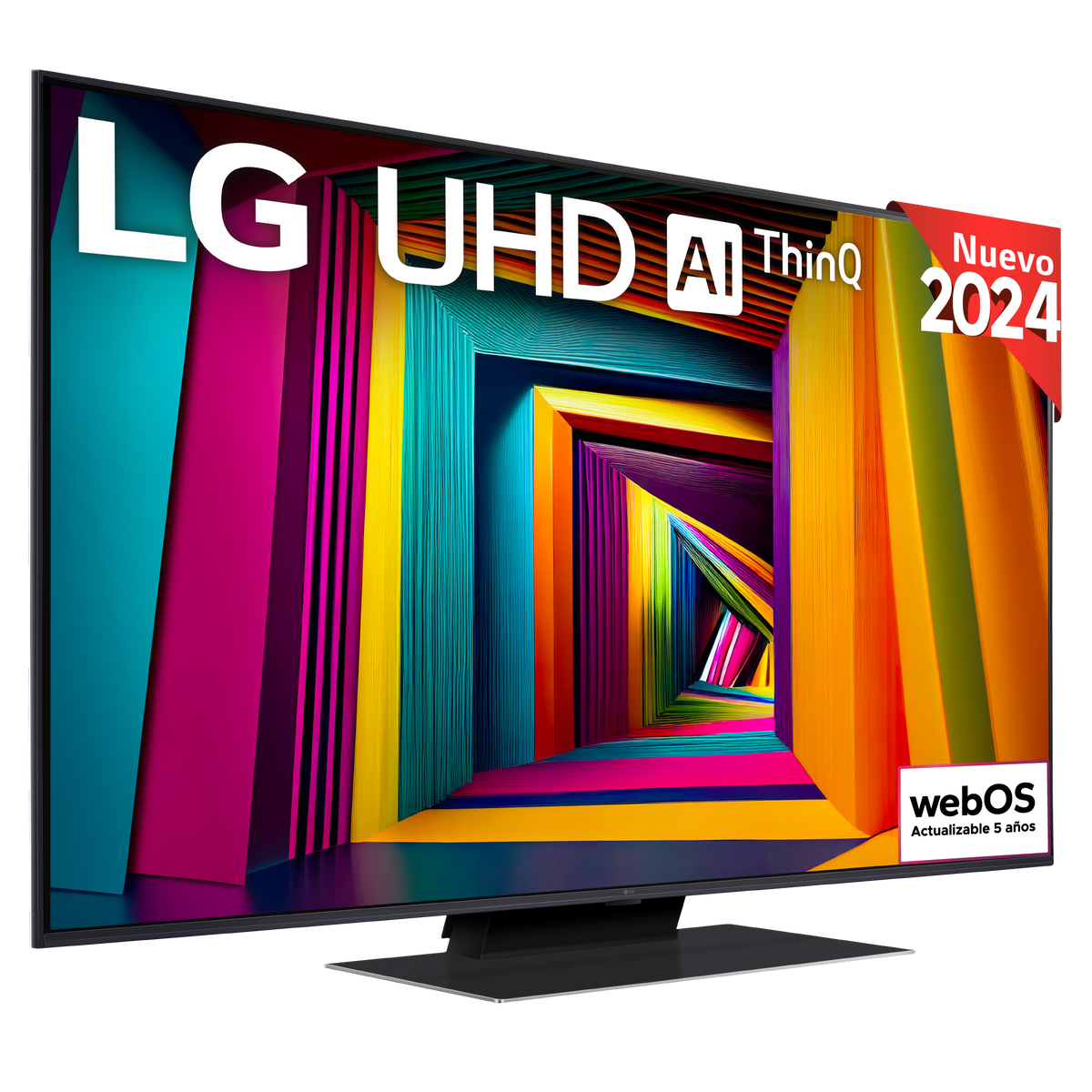 Duży telewizor LG z kolorowym, abstrakcyjnym obrazem. Zawiera 'LG UHD AI ThinQ' i 'Nowy 2024'.