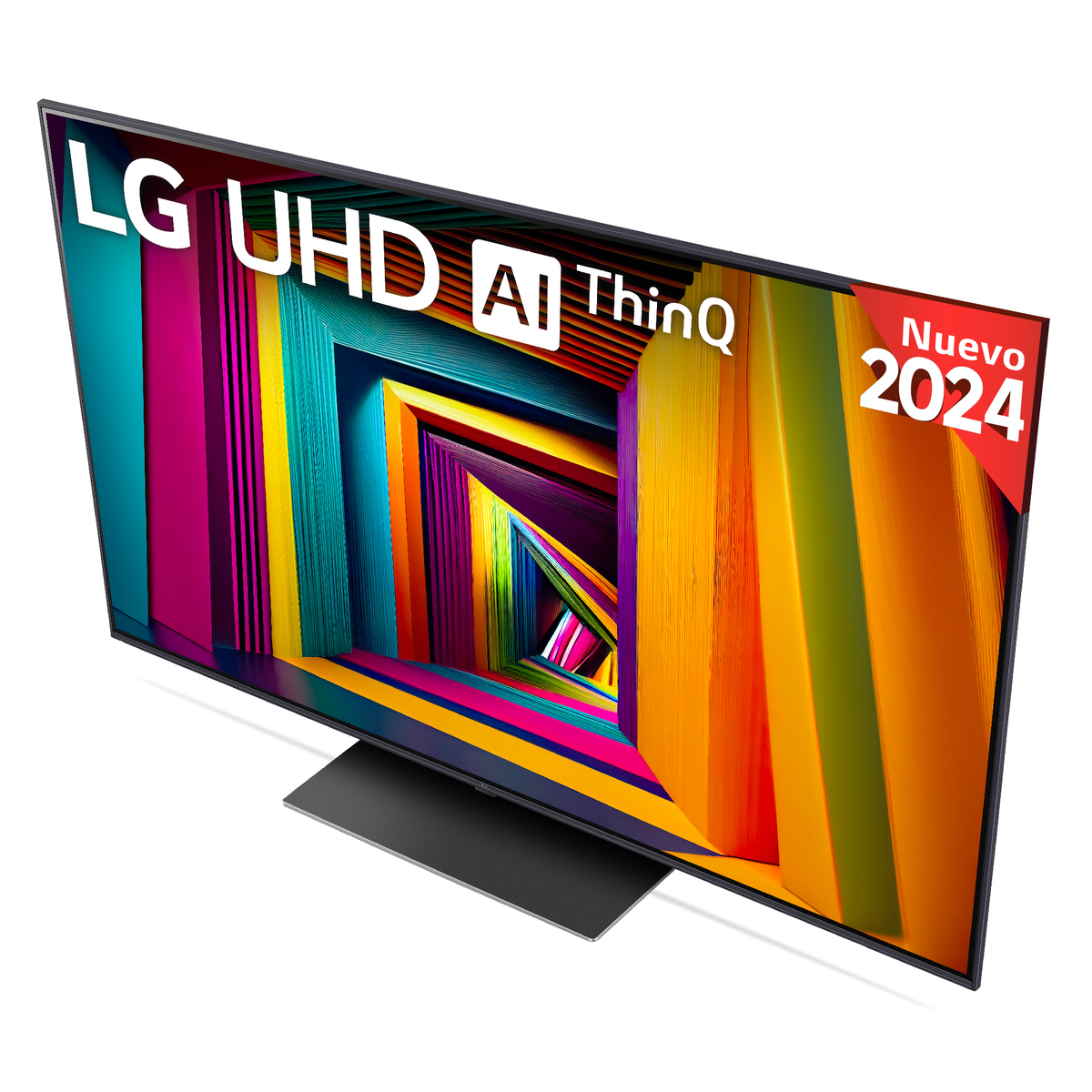 Una vista en ángulo de un televisor grande que muestra arte abstracto colorido. Tiene el logo de LG y 'Nuevo 2024'.