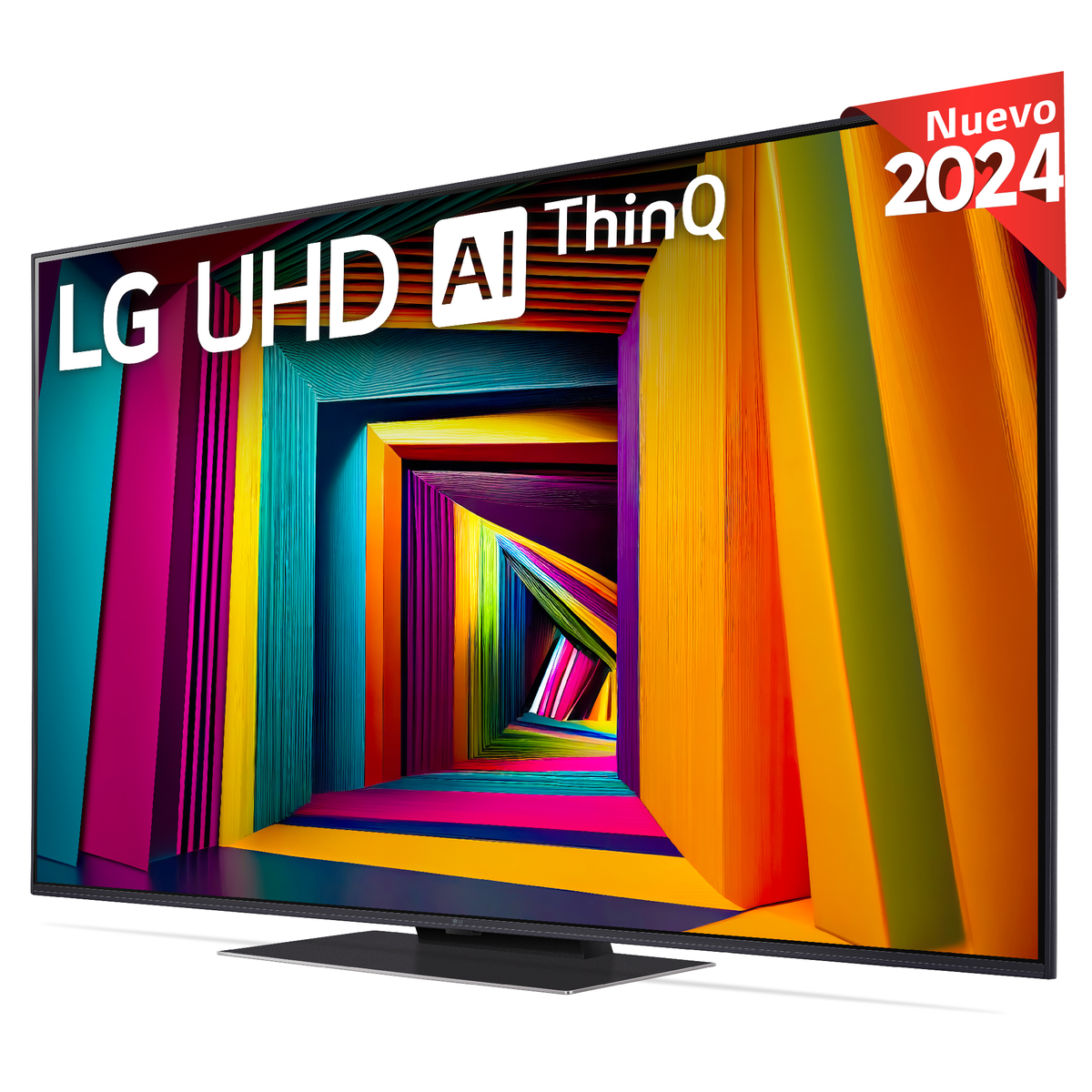 TV LG UHD AI ThinQ con pantalla colorida, etiqueta 'Nuevo 2024'.