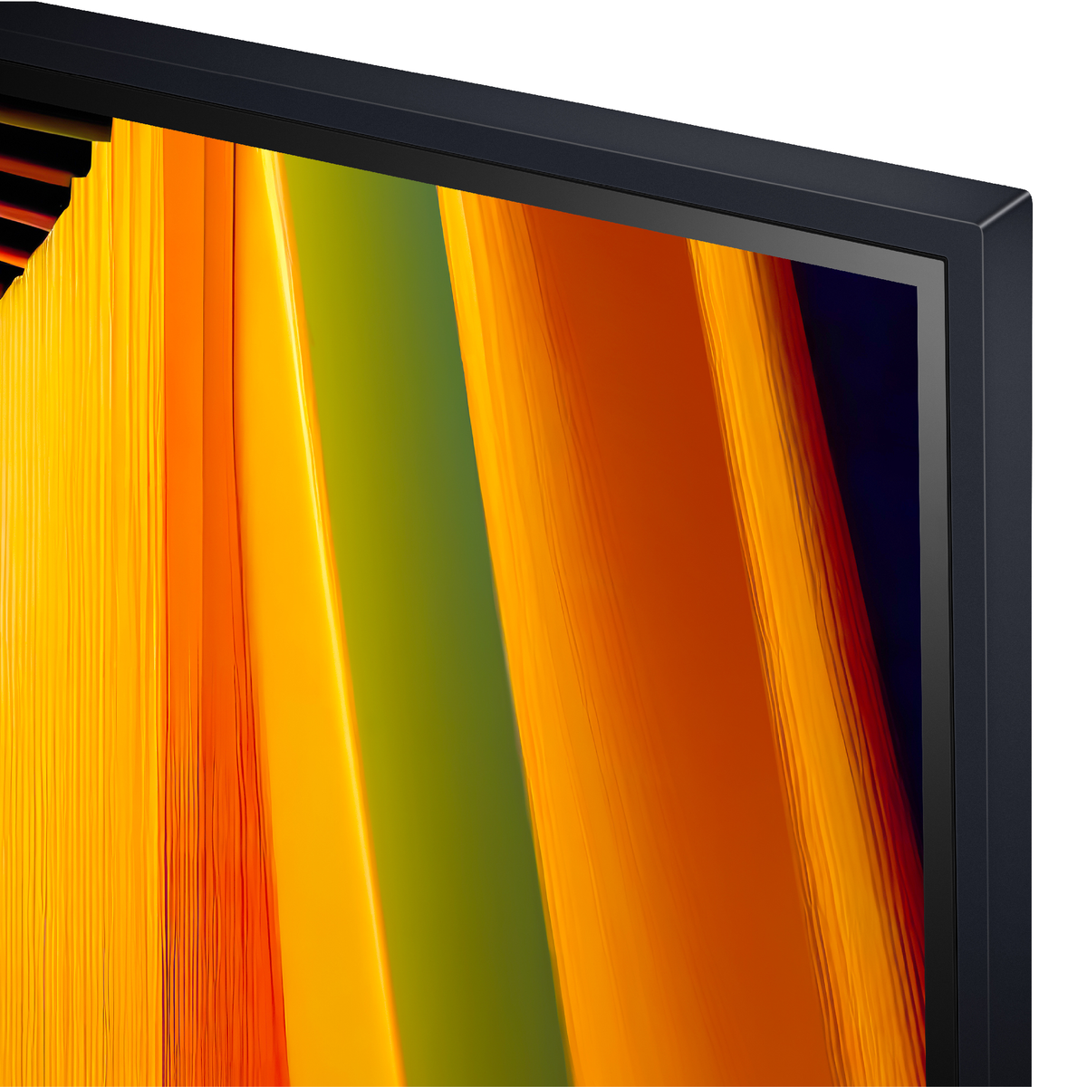 Primer plano de una pantalla de TV con barras coloridas amarillas, naranjas y verdes.