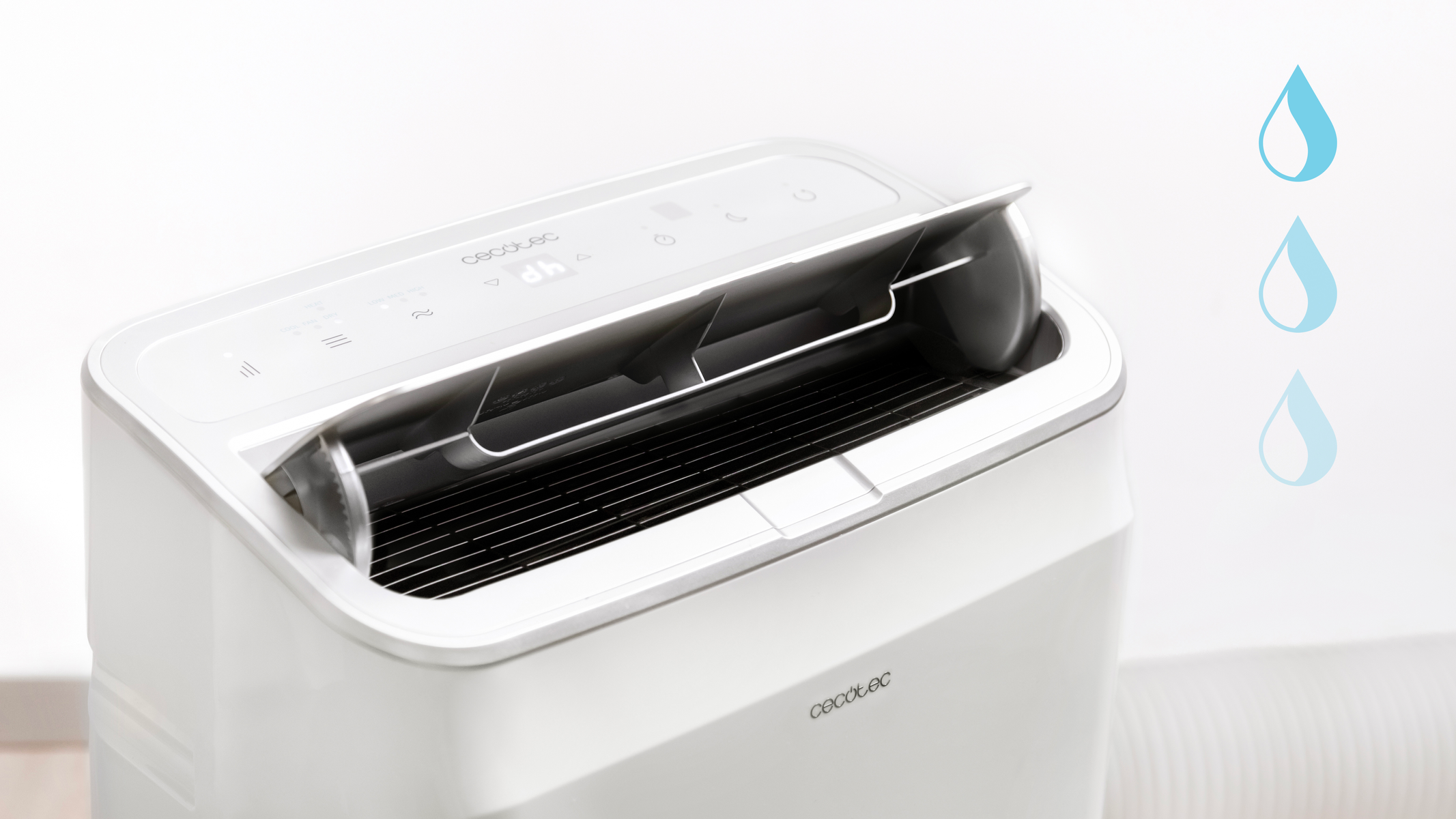 Biały oczyszczacz powietrza z otwartym wylotem i trzema ikonami kropli wody po prawej stronie.