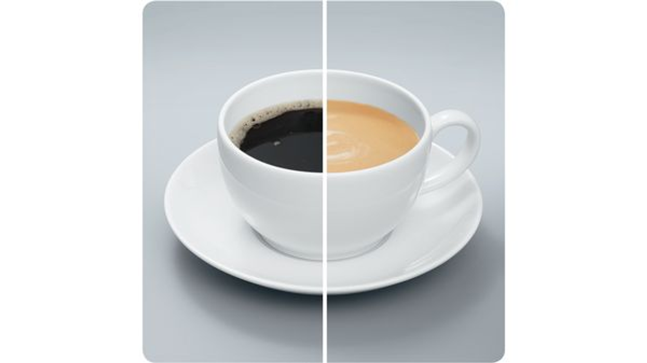 Una tazza di caffè, divisa a metà, con caffè scuro e caffè latte. Appoggiata su un piattino bianco.