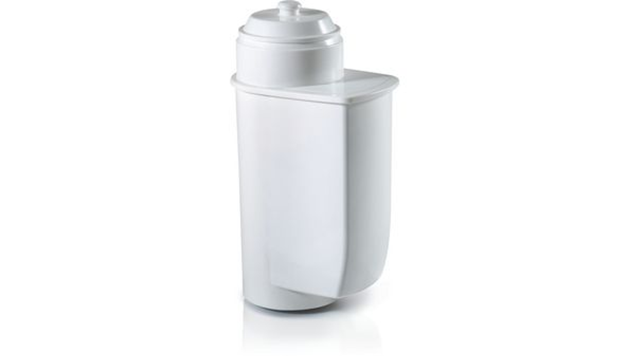 Cartuccia filtro acqua bianca con tappo e corpo rettangolare.